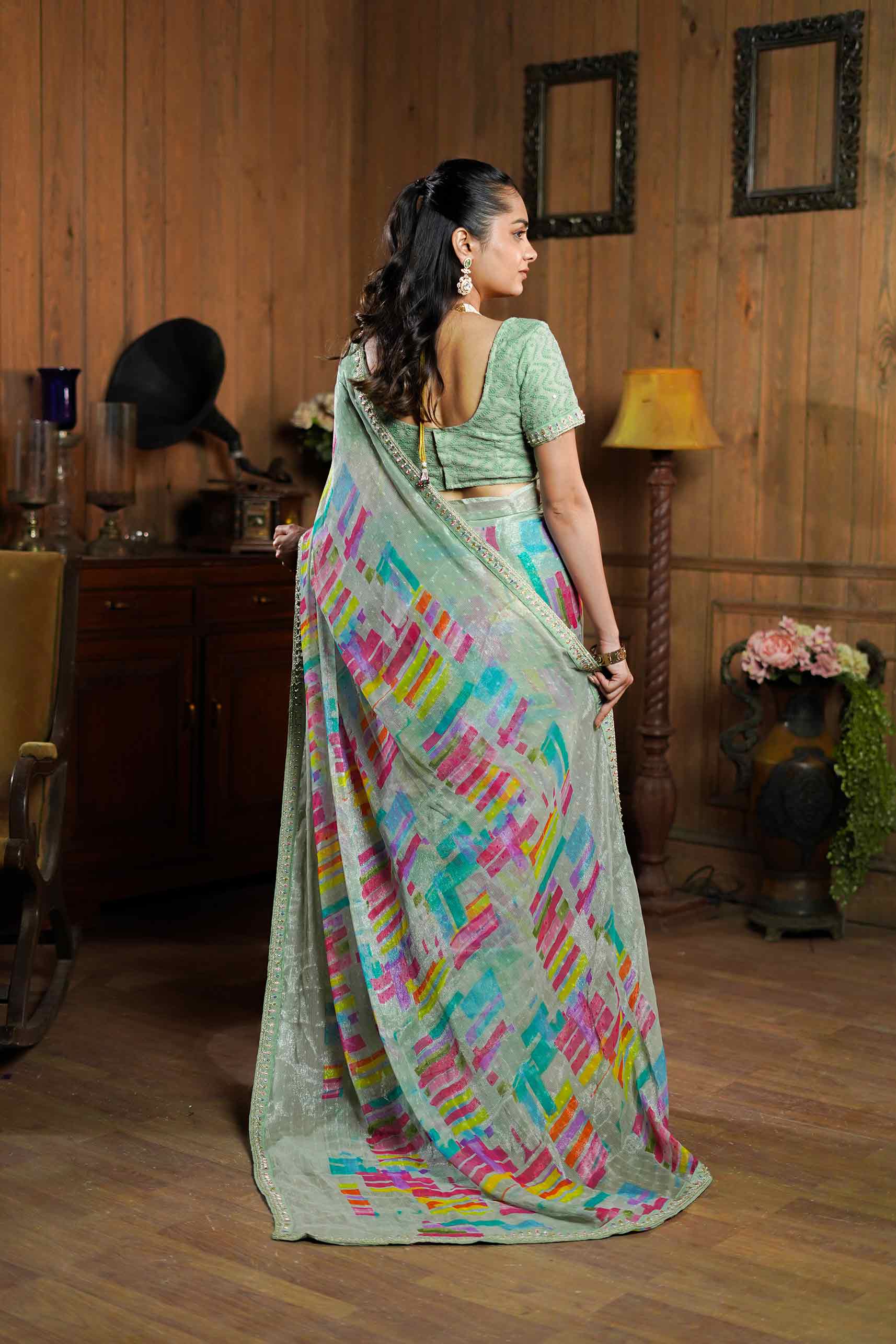 Laxmipati Ishita Pastel Green Abstract Printed Silk Saree