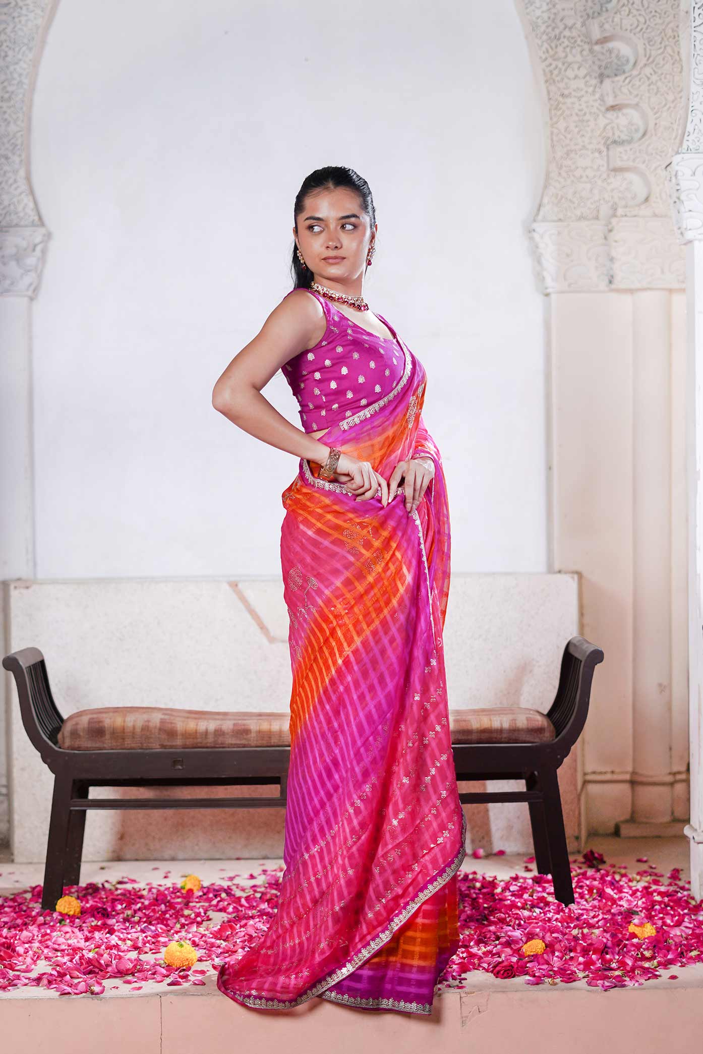 Laxmipati Ishita Pink Bandhani Printed Georgette Saree