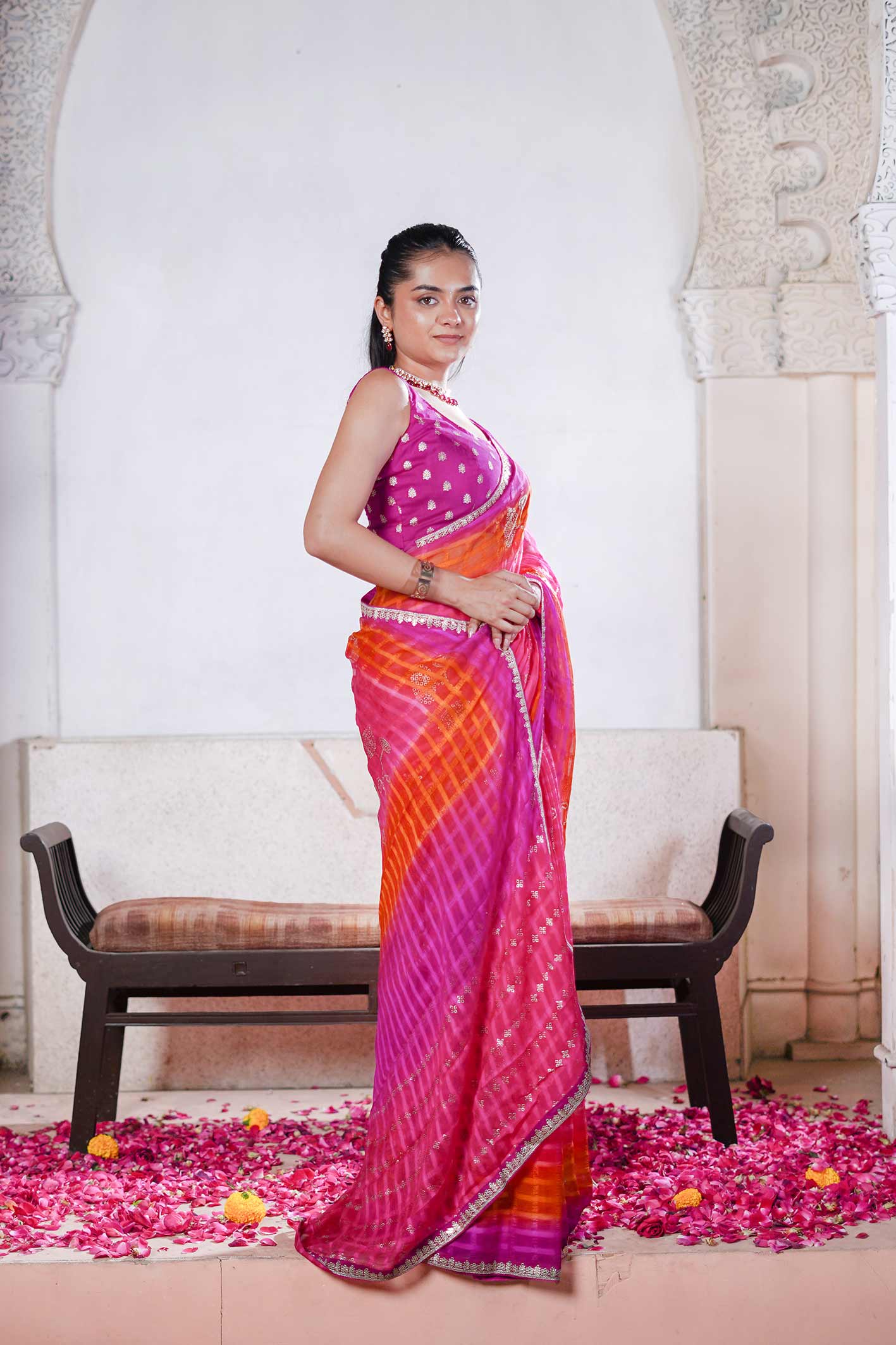 Laxmipati Ishita Pink Bandhani Printed Georgette Saree