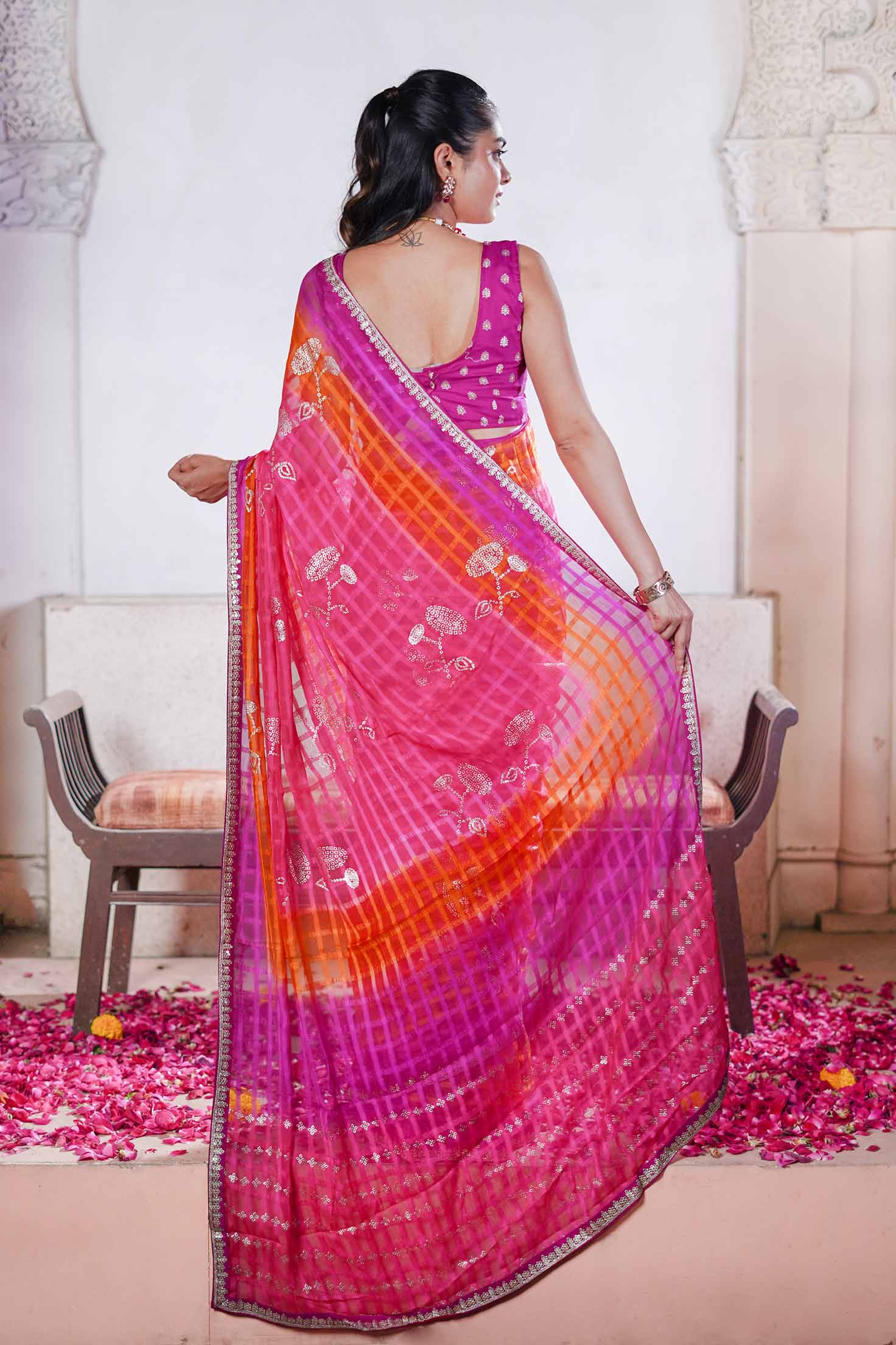 Laxmipati Ishita Pink Bandhani Printed Georgette Saree