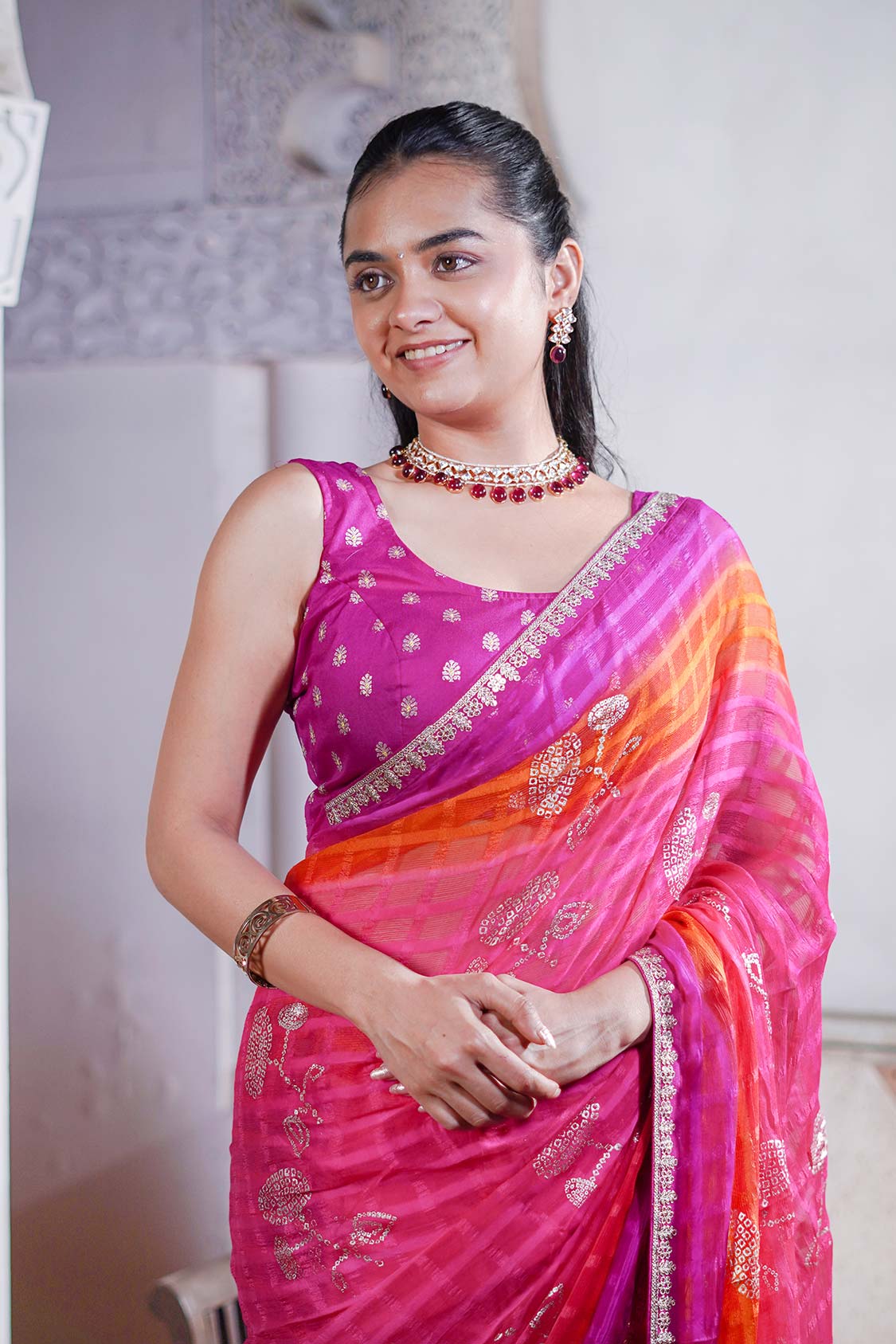 Laxmipati Ishita Pink Bandhani Printed Georgette Saree