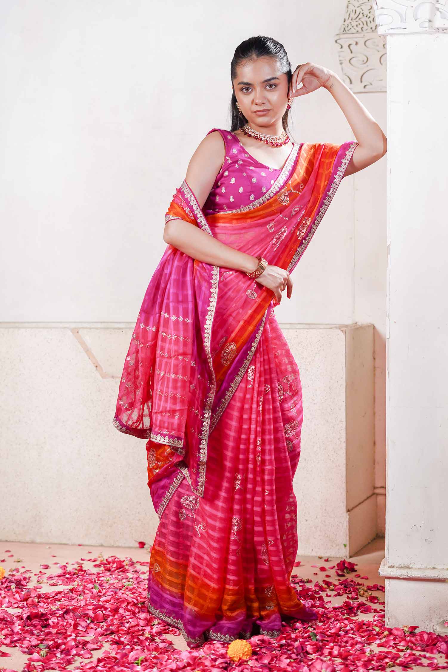 Laxmipati Ishita Pink Bandhani Printed Georgette Saree