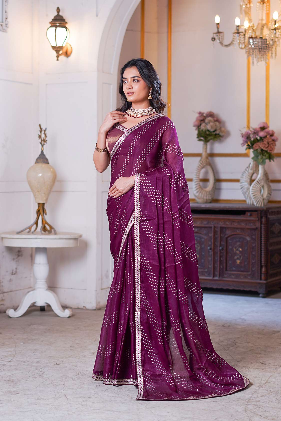 Laxmipati Anaya Wine Silk Saree with Geometric Prints