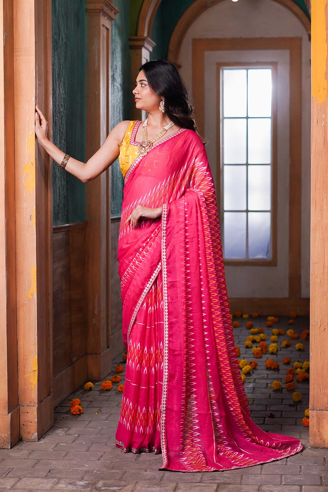 Laxmipati Anaya Pink Chiffon Saree in Ikkat Prints
