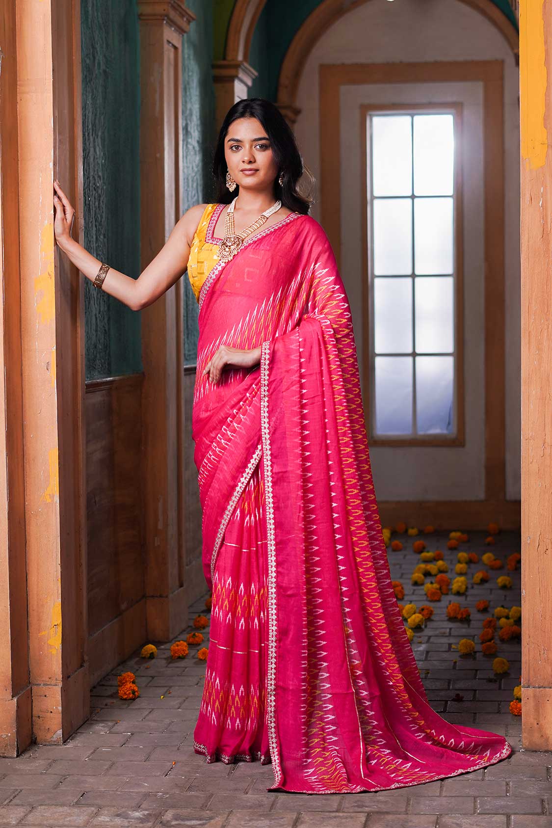 Laxmipati Anaya Pink Chiffon Saree in Ikkat Prints