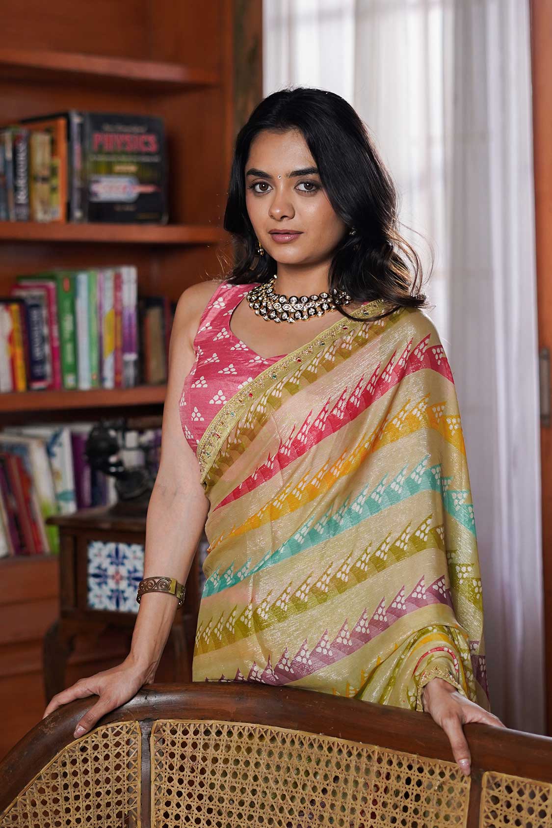 Laxmipati Tohfa Striped Printed Silk Saree in Beige Color