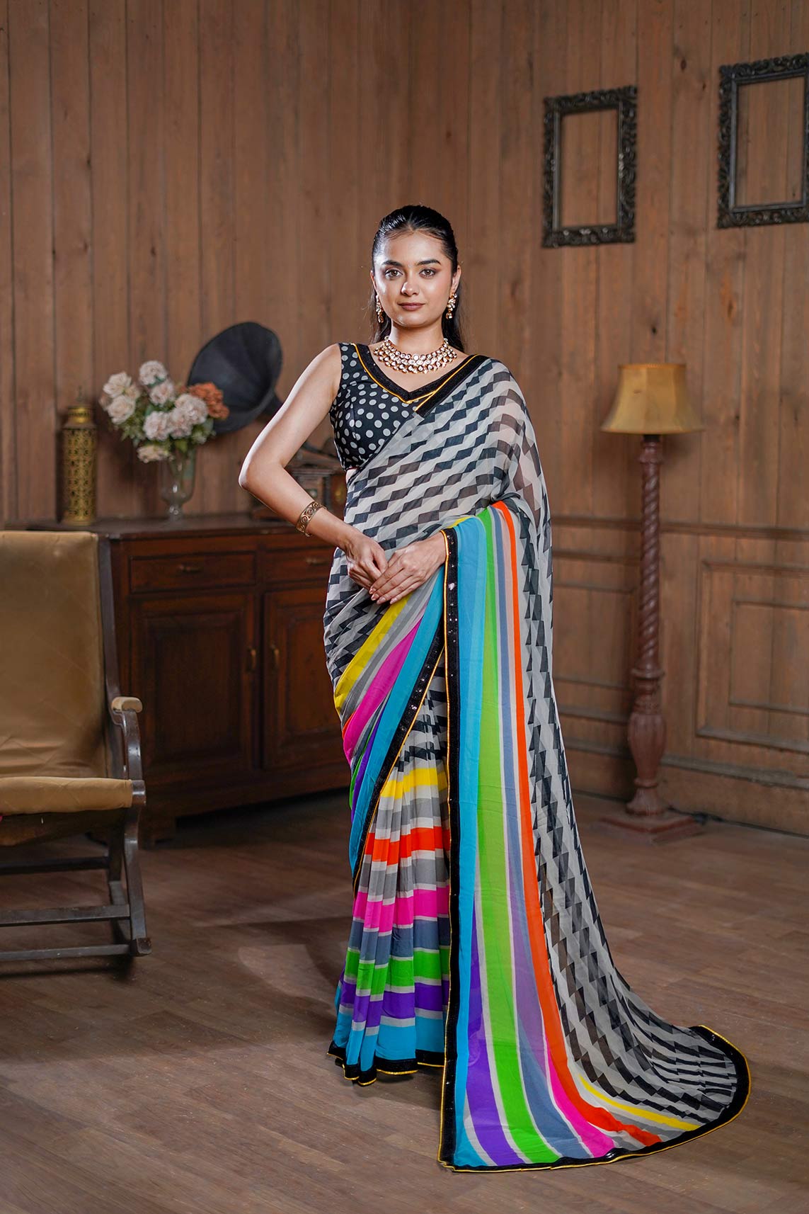 Laxmipati Designer Multicolor Georgette Stripe Print With Lace Border Saree