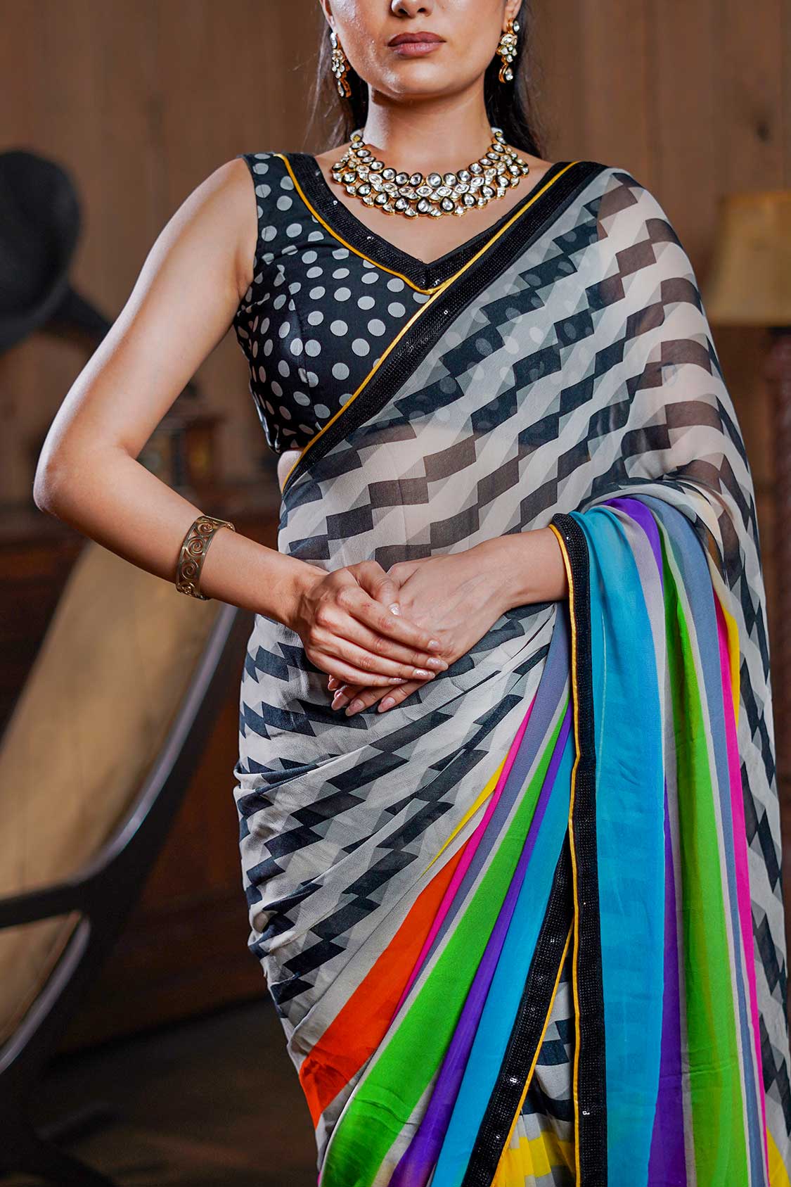 Laxmipati Designer Multicolor Georgette Stripe Print With Lace Border Saree