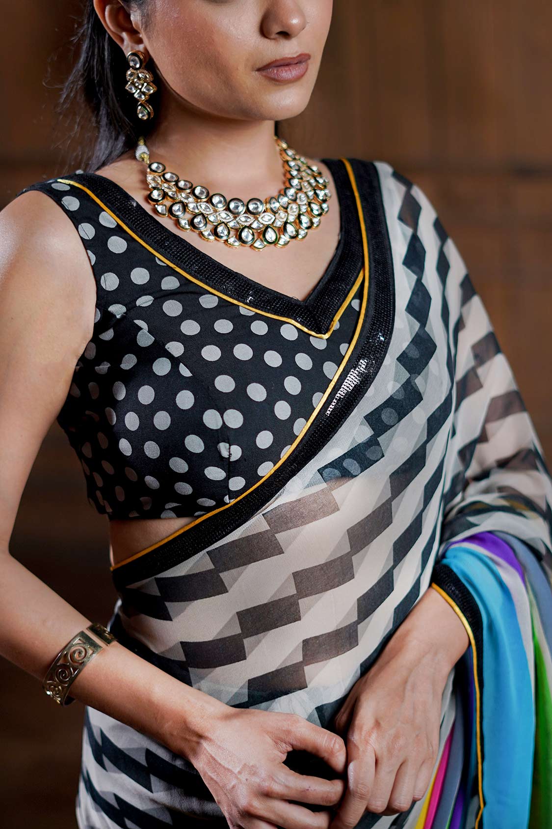 Laxmipati Designer Multicolor Georgette Stripe Print With Lace Border Saree