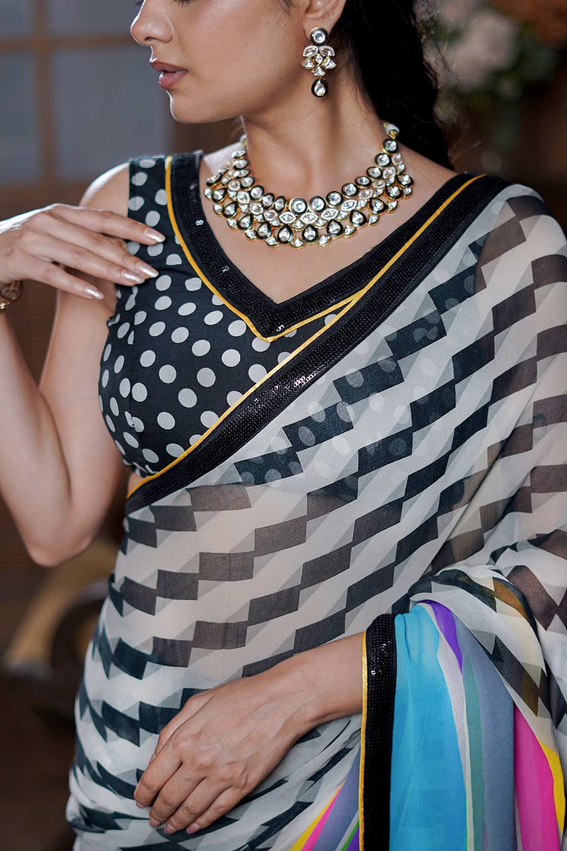 Laxmipati Designer Multicolor Georgette Stripe Print With Lace Border Saree