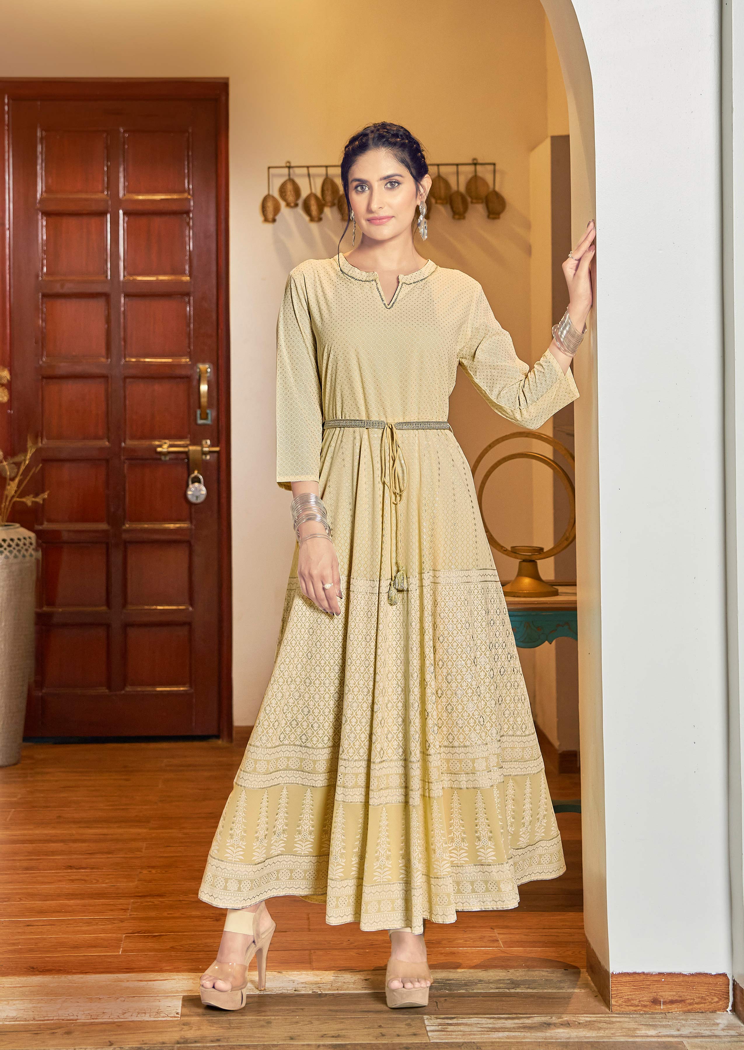 Laxmipati Hum Dum Floral Print Georgette Anarkali Kurta in Lime Yellow Color