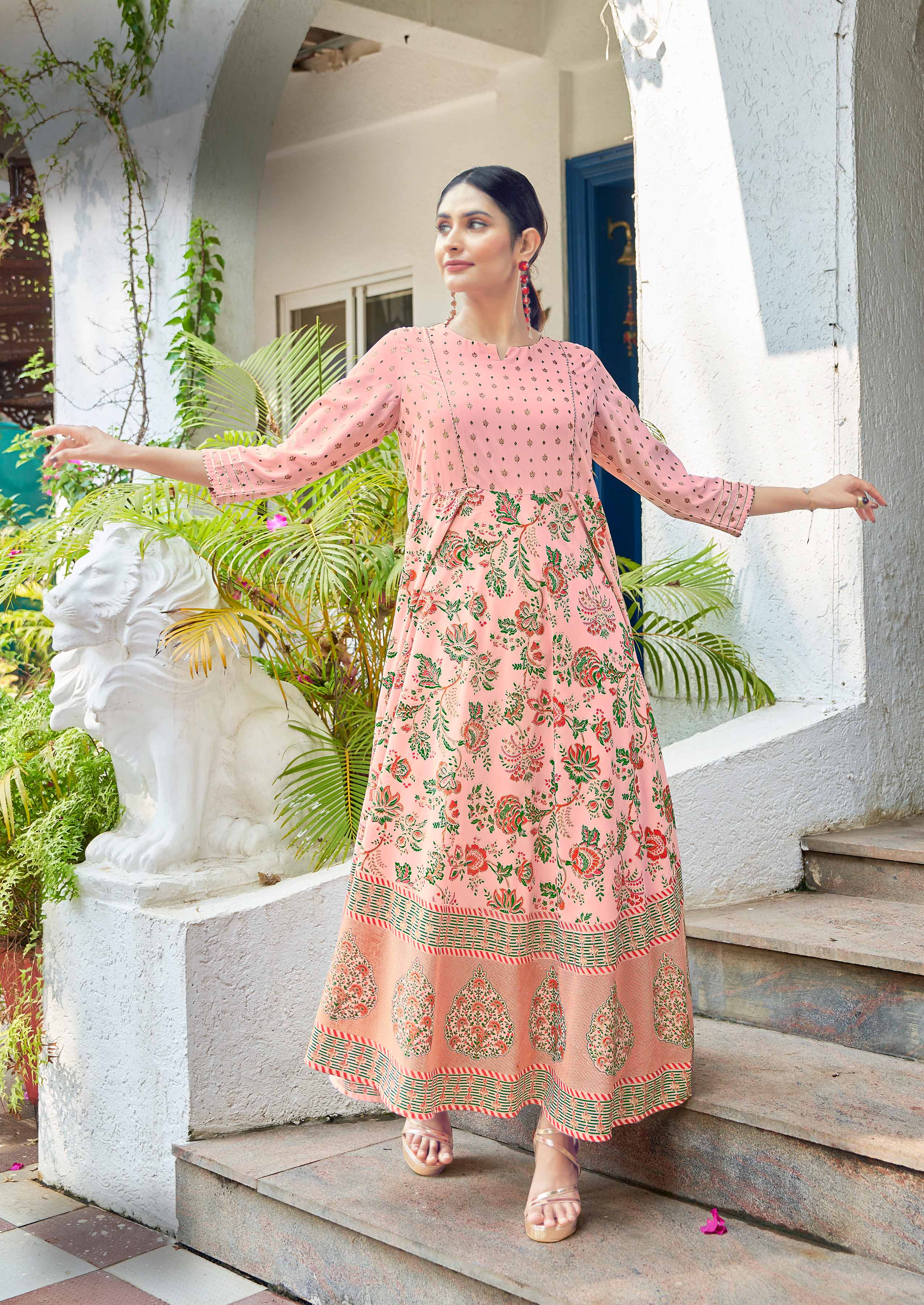 Laxmipati Hum Dum Floral Print Georgette Anarkali Kurta in Pink Color