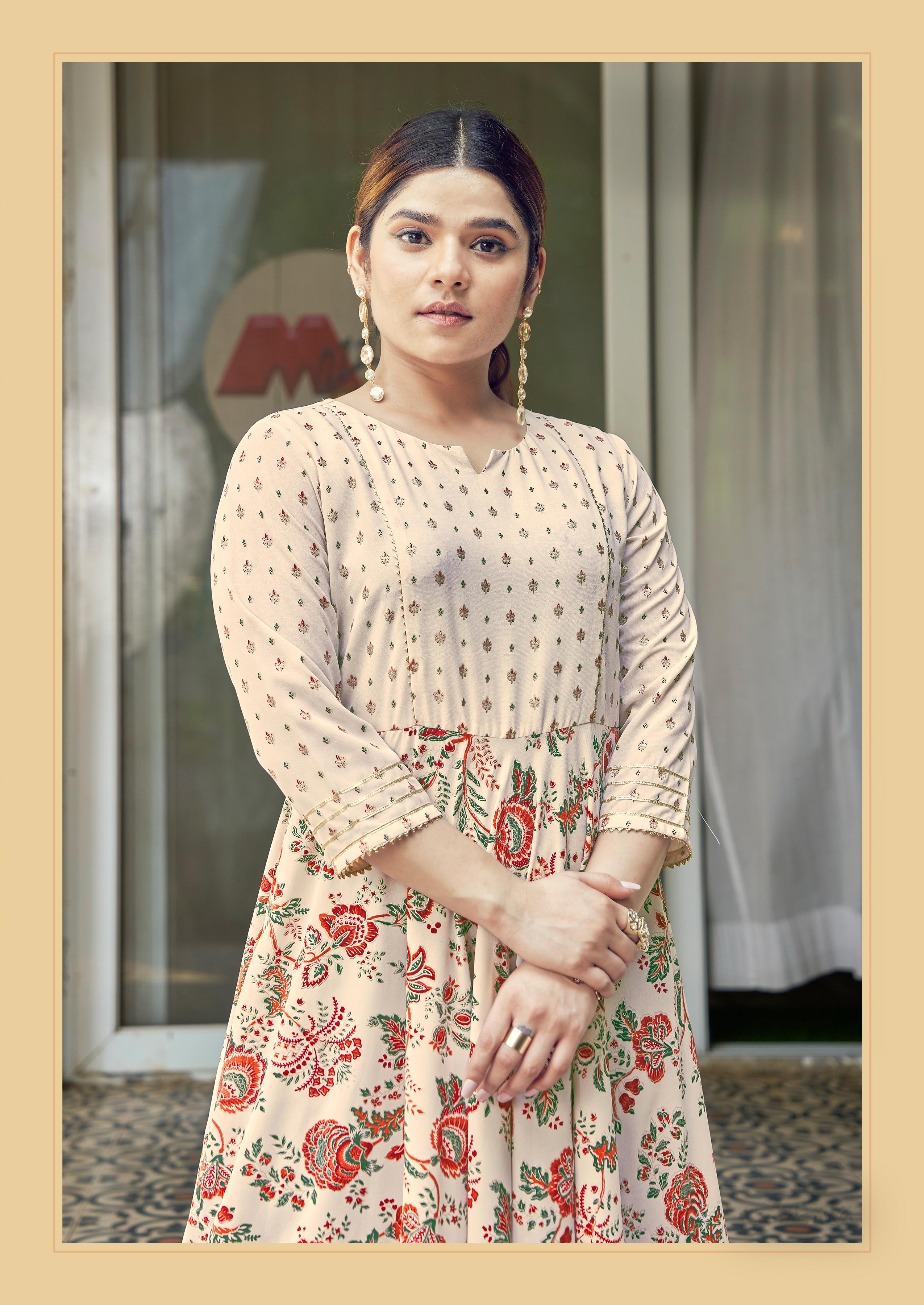 Laxmipati Hum Dum Floral Print Georgette Anarkali Kurta in Cream Color