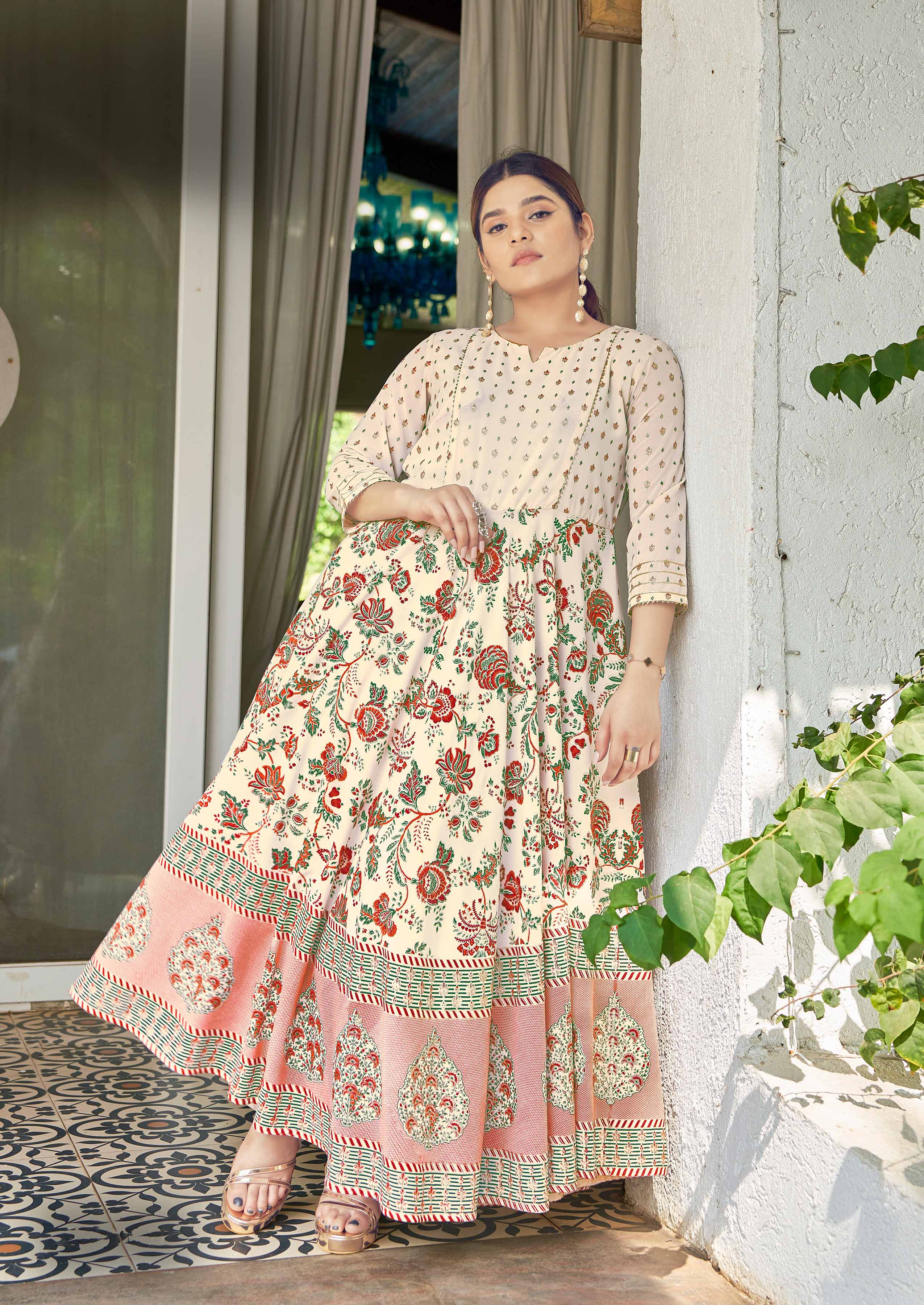 Laxmipati Hum Dum Floral Print Georgette Anarkali Kurta in Cream Color