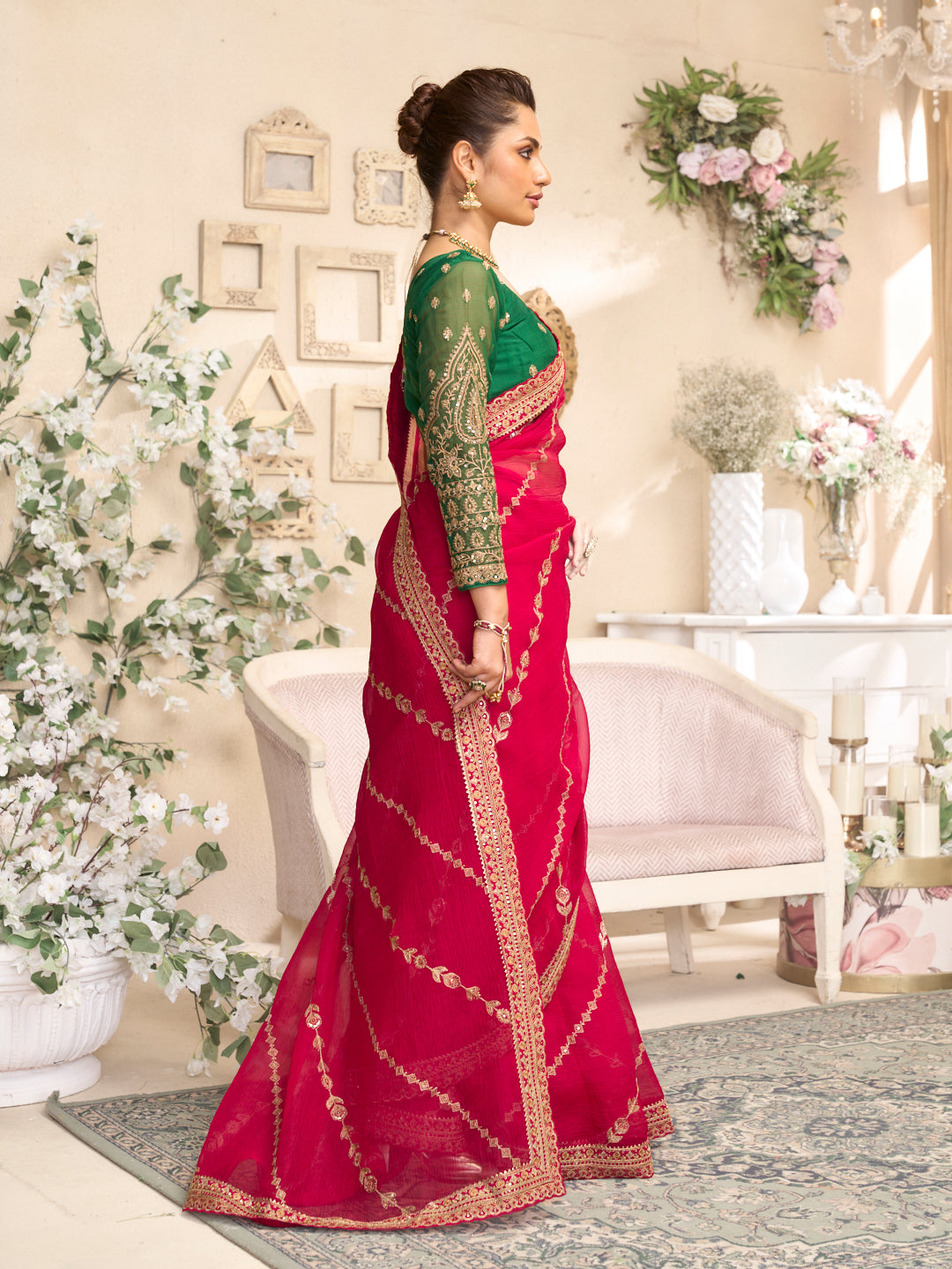 Laxmipati RaangSaaz Red Chiffon Saree with Geometric Embroidery
