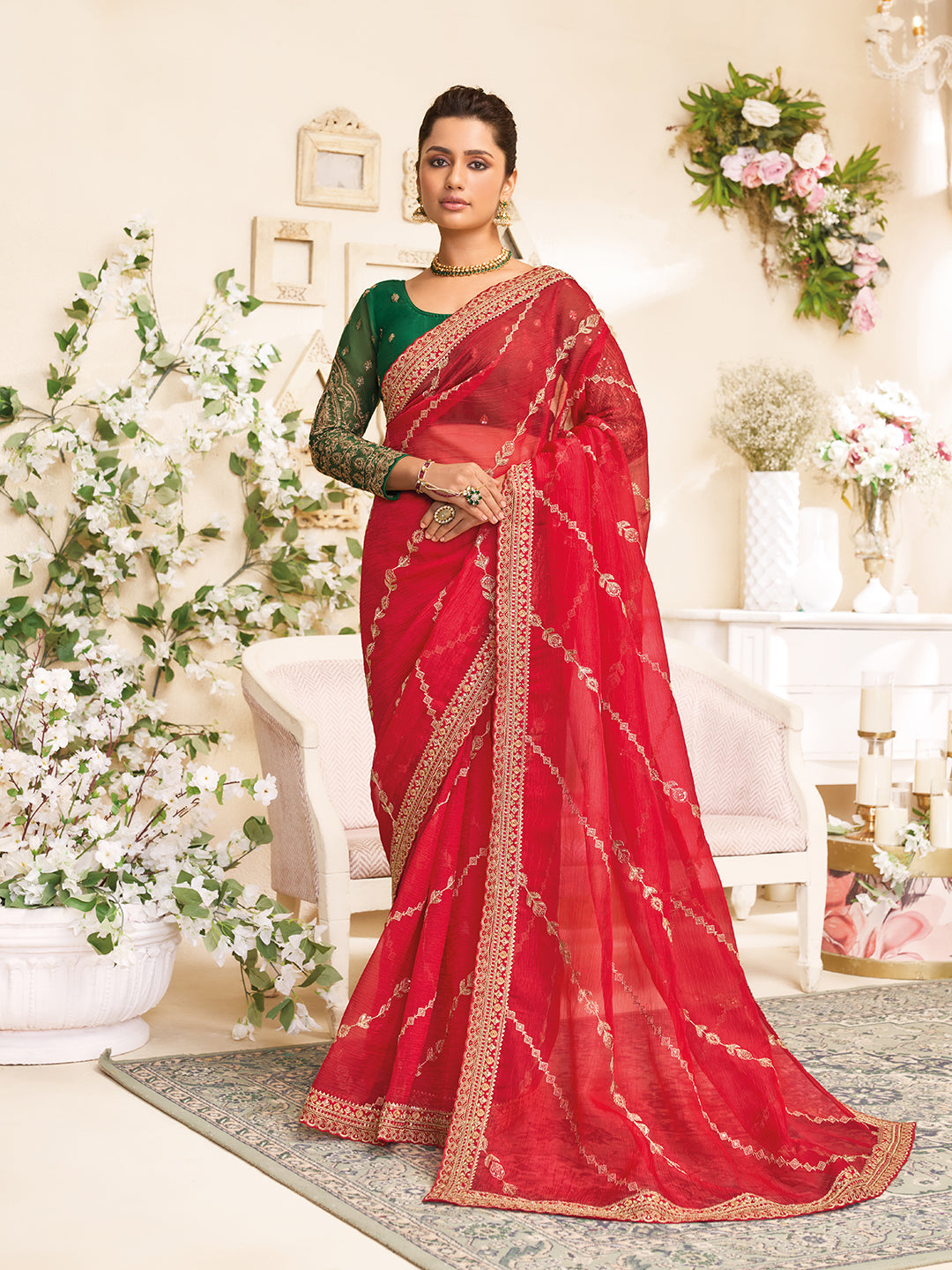 Laxmipati RaangSaaz Red Chiffon Saree with Geometric Embroidery