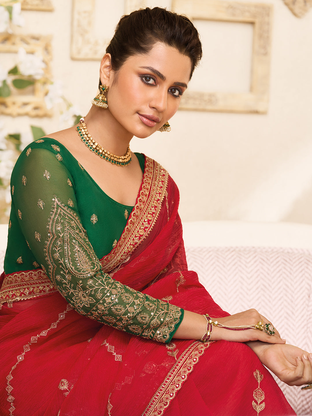 Laxmipati RaangSaaz Red Chiffon Saree with Geometric Embroidery