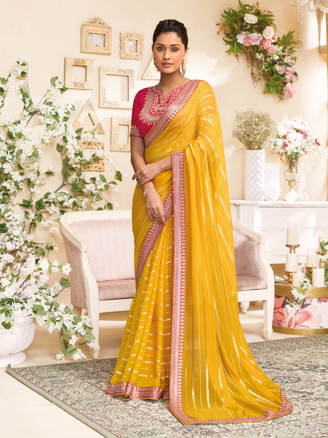 Laxmipati RaangSaaz Yellow Tissue Saree with Geometric Embroidery