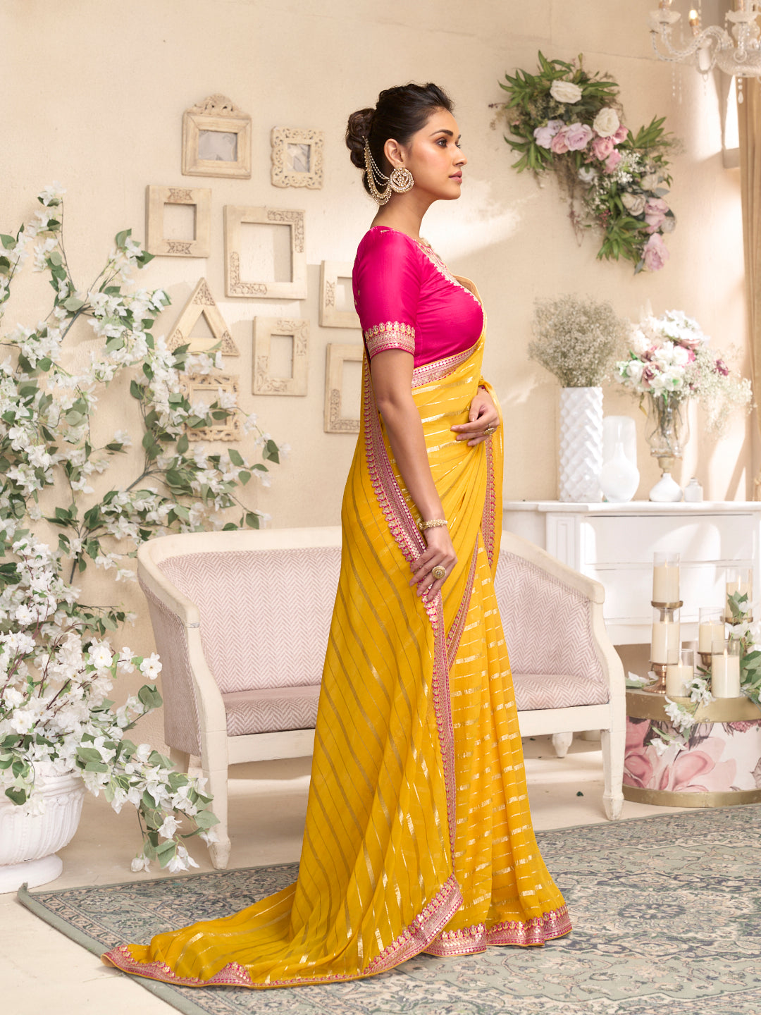 Laxmipati RaangSaaz Yellow Tissue Saree with Geometric Embroidery