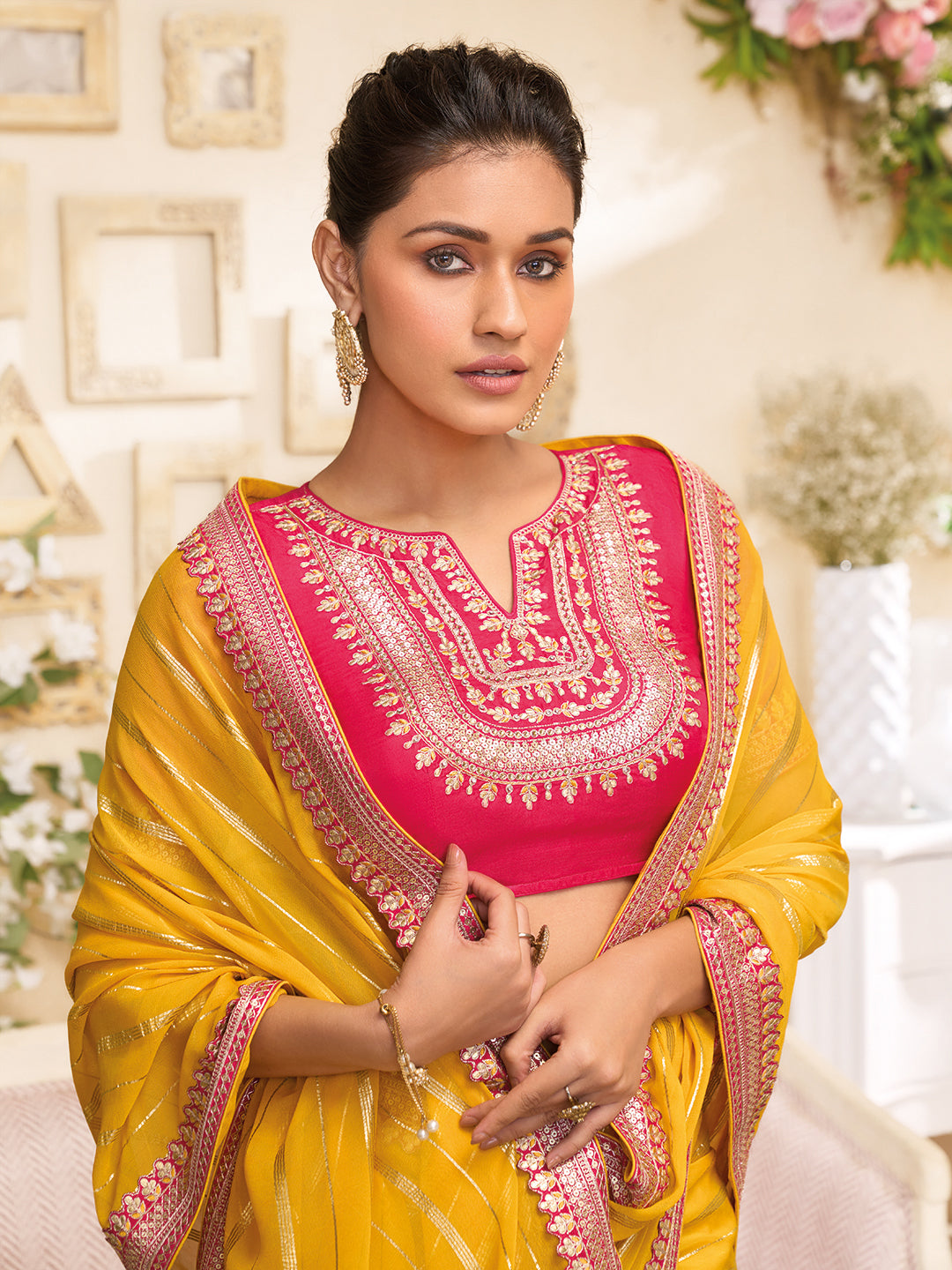 Laxmipati RaangSaaz Yellow Tissue Saree with Geometric Embroidery