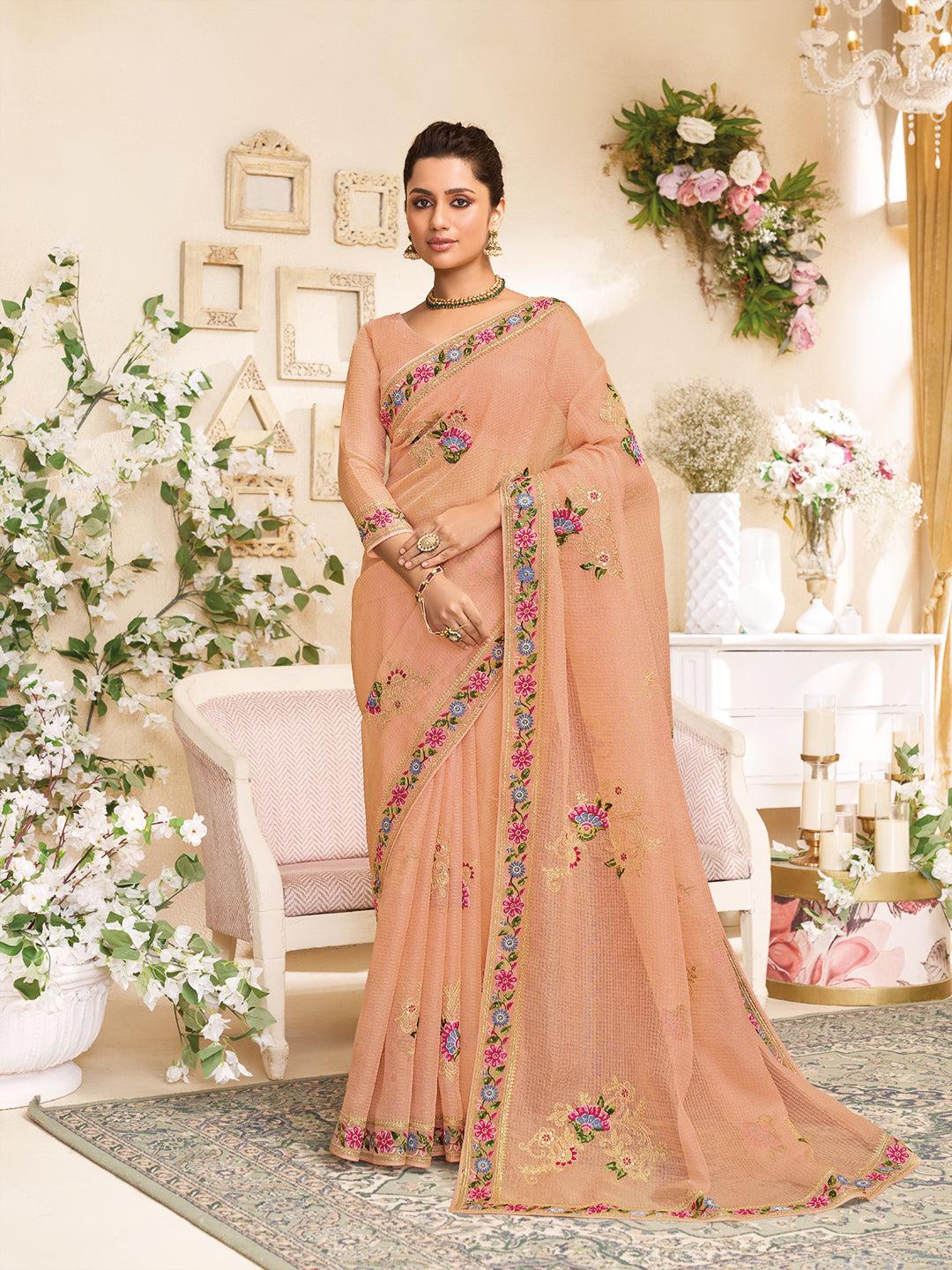 Laxmipati RaangSaaz Peach Tissue Saree with Floral Embroidery