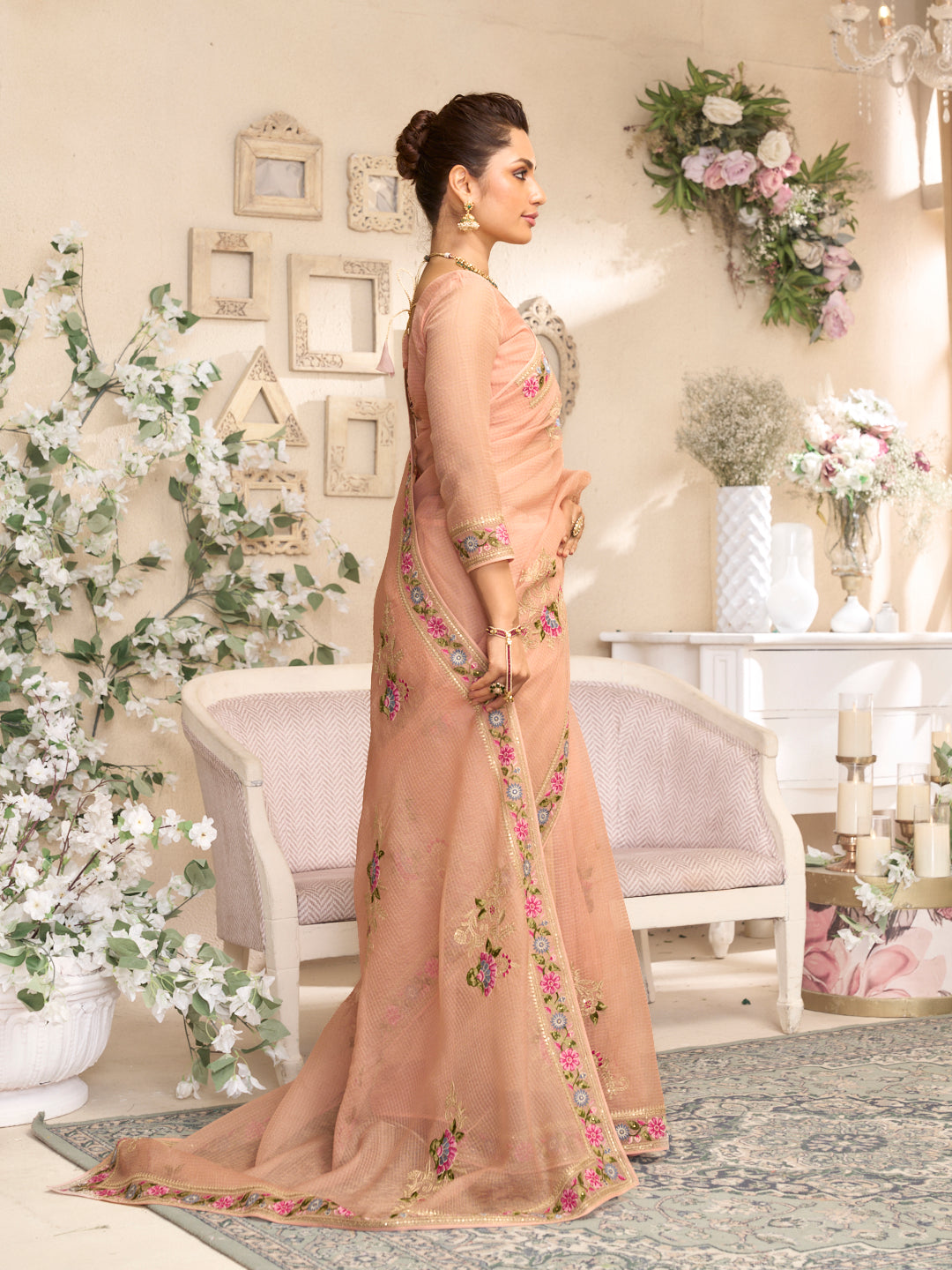 Laxmipati RaangSaaz Peach Tissue Saree with Floral Embroidery