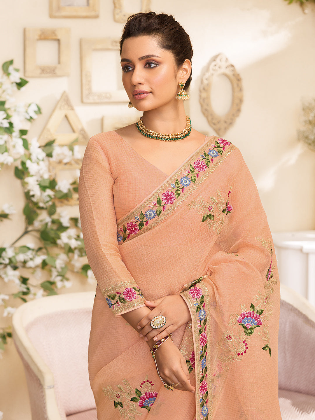 Laxmipati RaangSaaz Peach Tissue Saree with Floral Embroidery