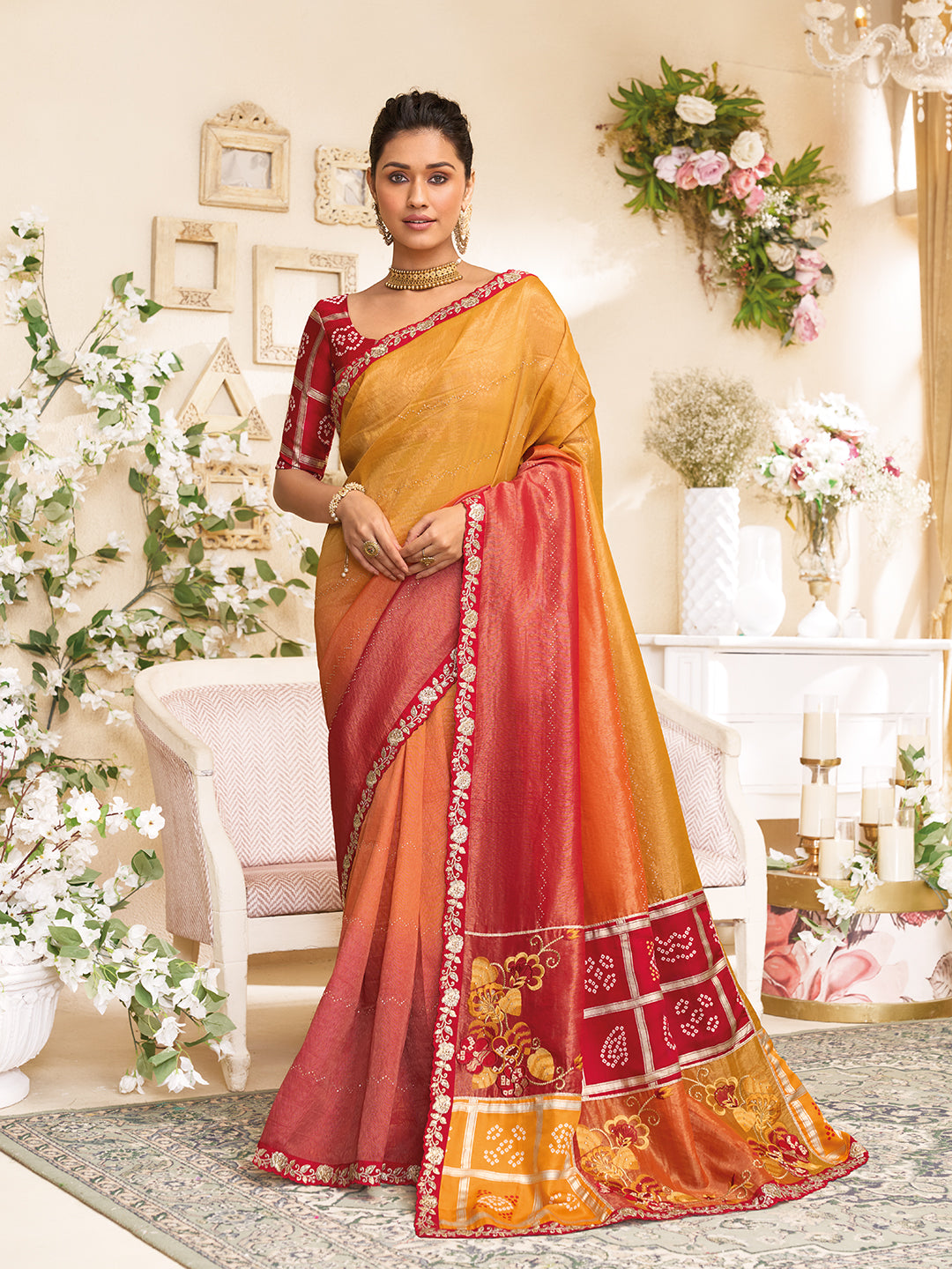 Laxmipati RaangSaaz Mustard Silk Saree with Floral Embroidery & Bandhani Print