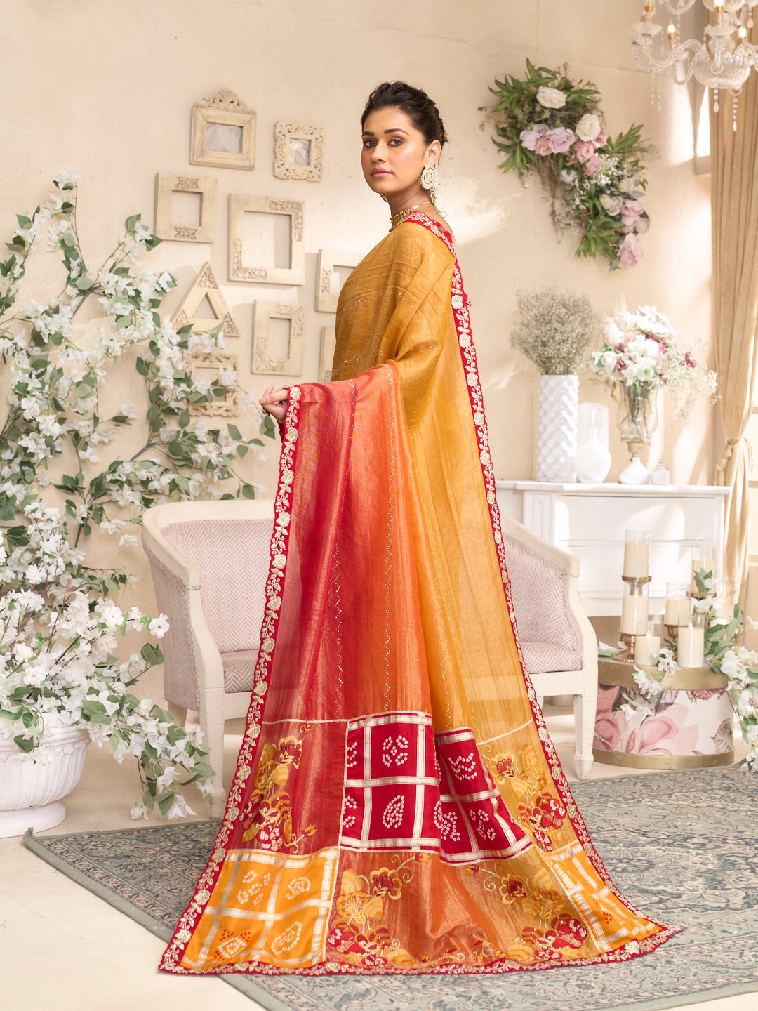 Laxmipati RaangSaaz Mustard Silk Saree with Floral Embroidery & Bandhani Print