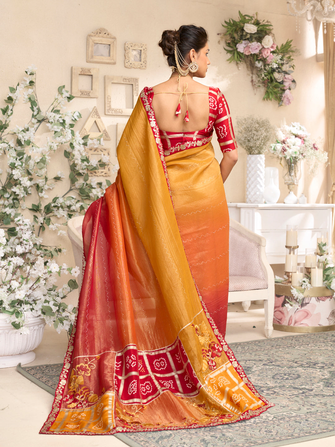 Laxmipati RaangSaaz Mustard Silk Saree with Floral Embroidery & Bandhani Print