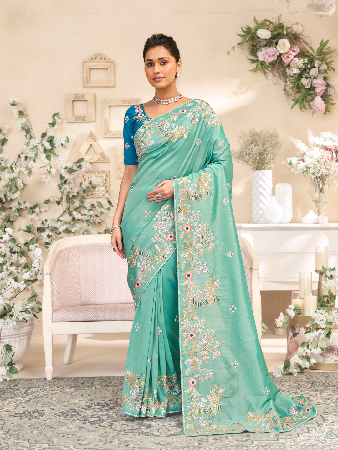 Laxmipati RaangSaaz Teal Blue Silk Saree with Floral Embroidery