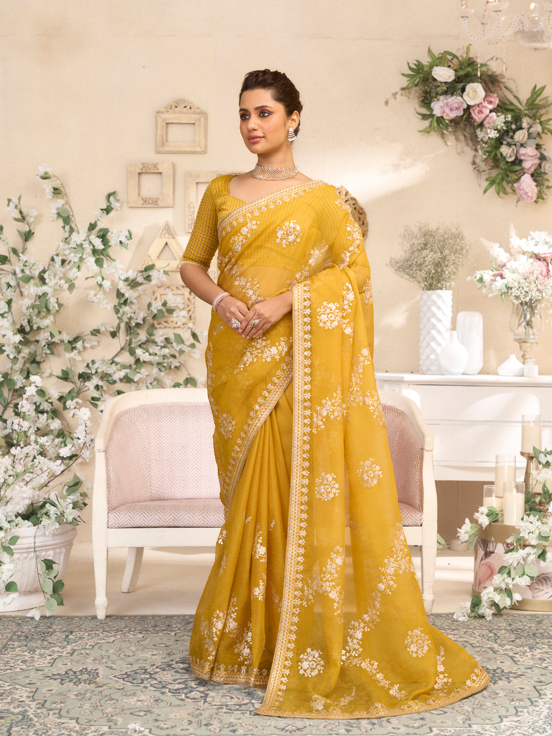 Laxmipati RaangSaaz Ochre Yellow Tissue Saree with Floral Embroidery