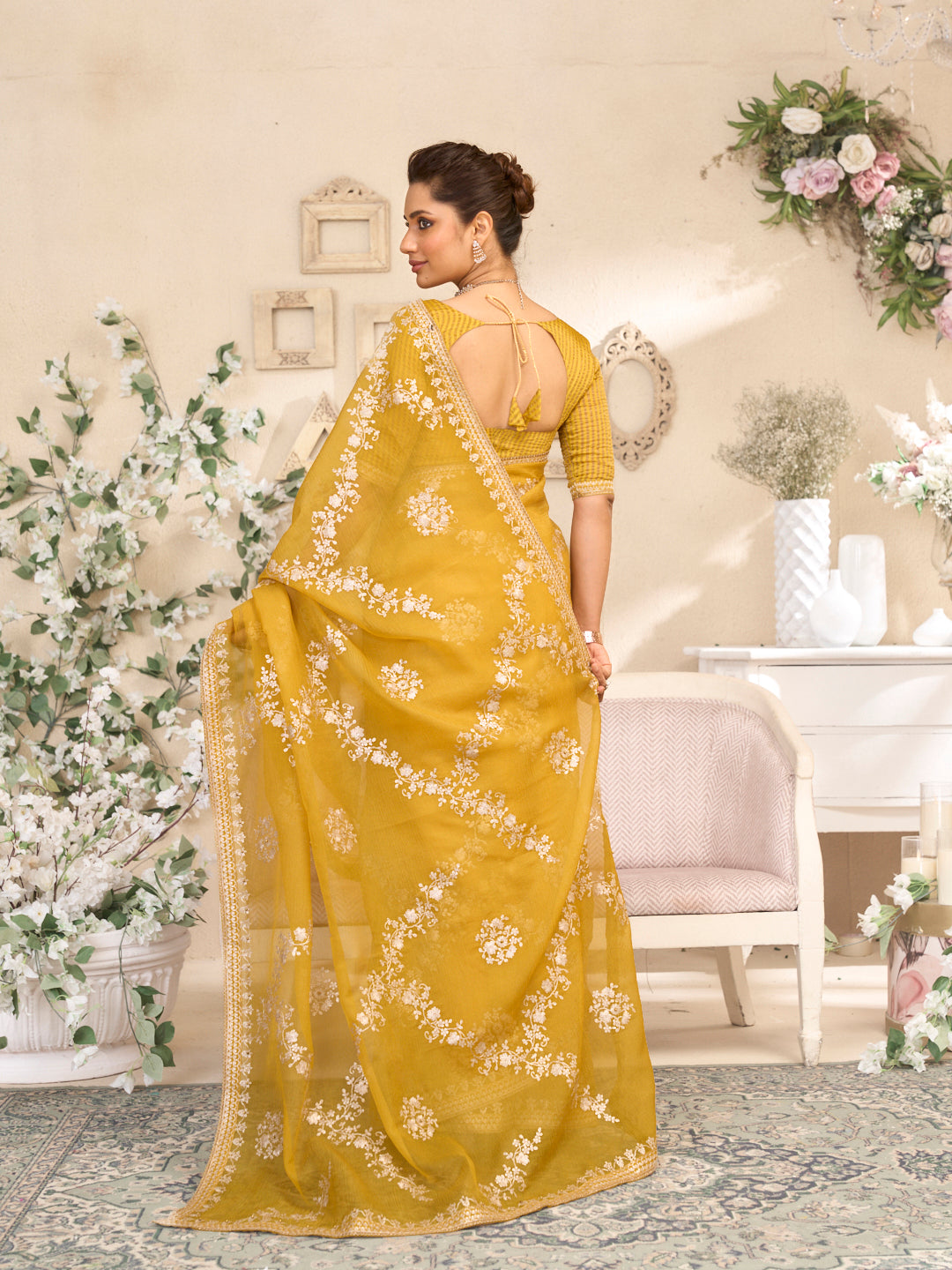 Laxmipati RaangSaaz Ochre Yellow Tissue Saree with Floral Embroidery