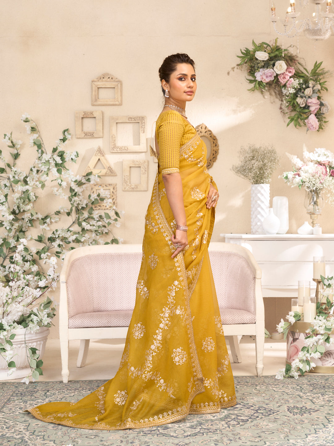 Laxmipati RaangSaaz Ochre Yellow Tissue Saree with Floral Embroidery
