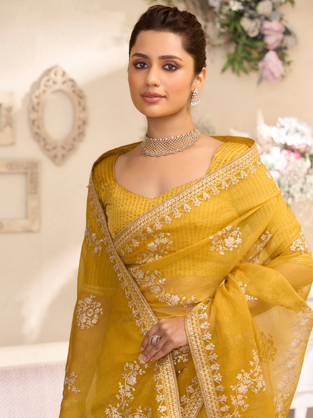 Laxmipati RaangSaaz Ochre Yellow Tissue Saree with Floral Embroidery
