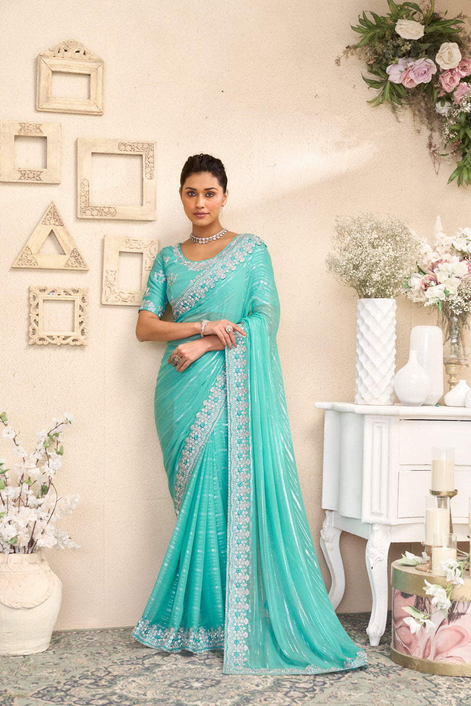 Laxmipati RaangSaaz Teal Blue Georgette Saree with Floral Embroidery