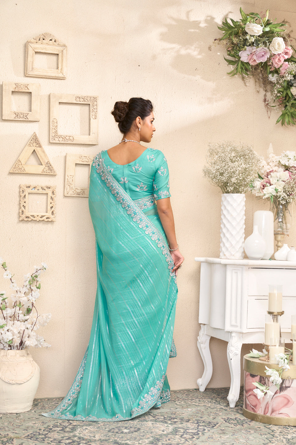 Laxmipati RaangSaaz Teal Blue Georgette Saree with Floral Embroidery