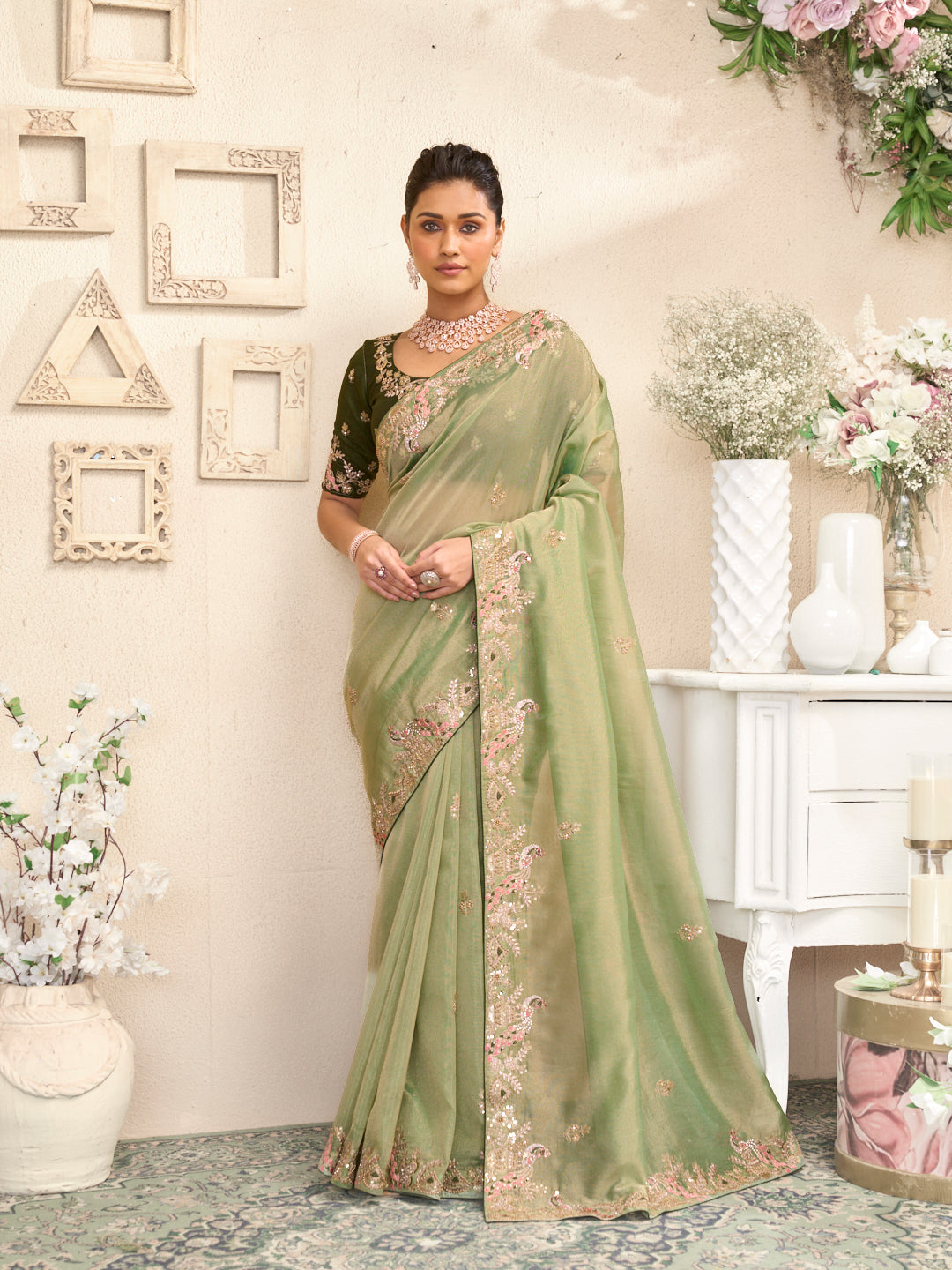 Laxmipati RaangSaaz Pastel Green Saree with Floral Embroidery