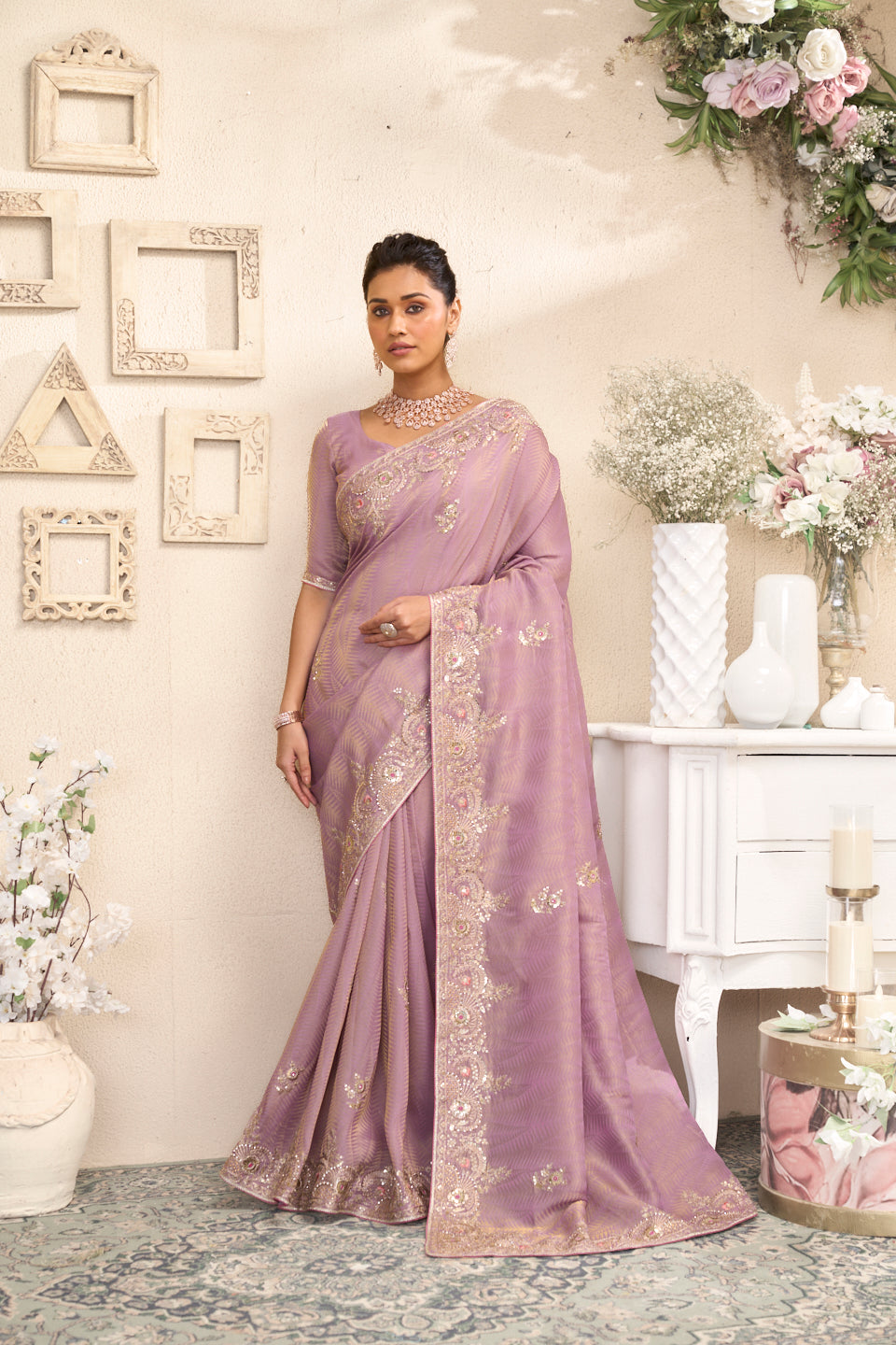 Laxmipati Raang Saaz Purple Silk Saree with Floral Embroidery