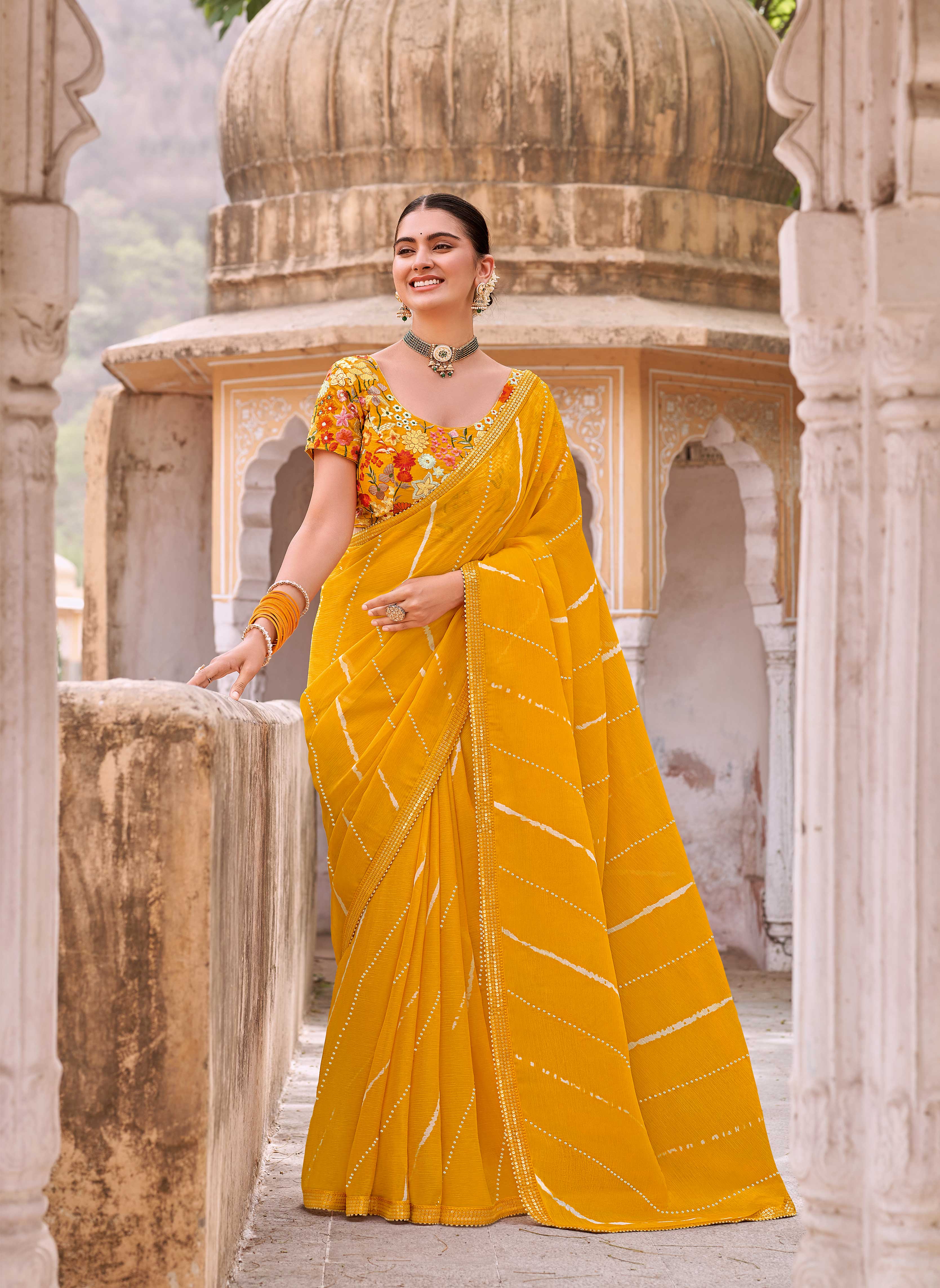 Laxmipati Leheriya Printed Chiffon Saree in Mustard Color with Unstitched Blouse