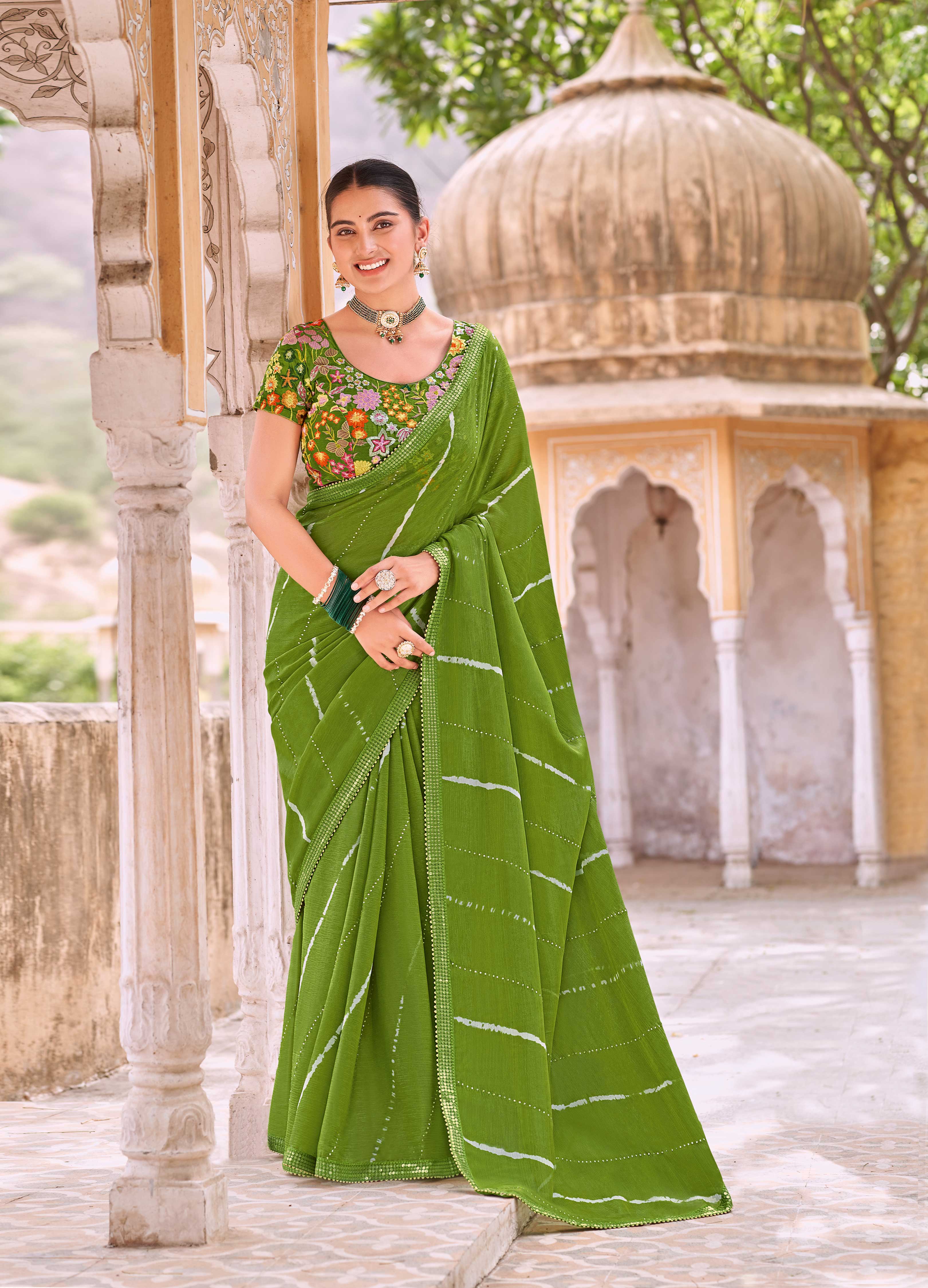 Laxmipati Leheriya Printed Chiffon Saree in Olive Green Color with Unstitched Blouse