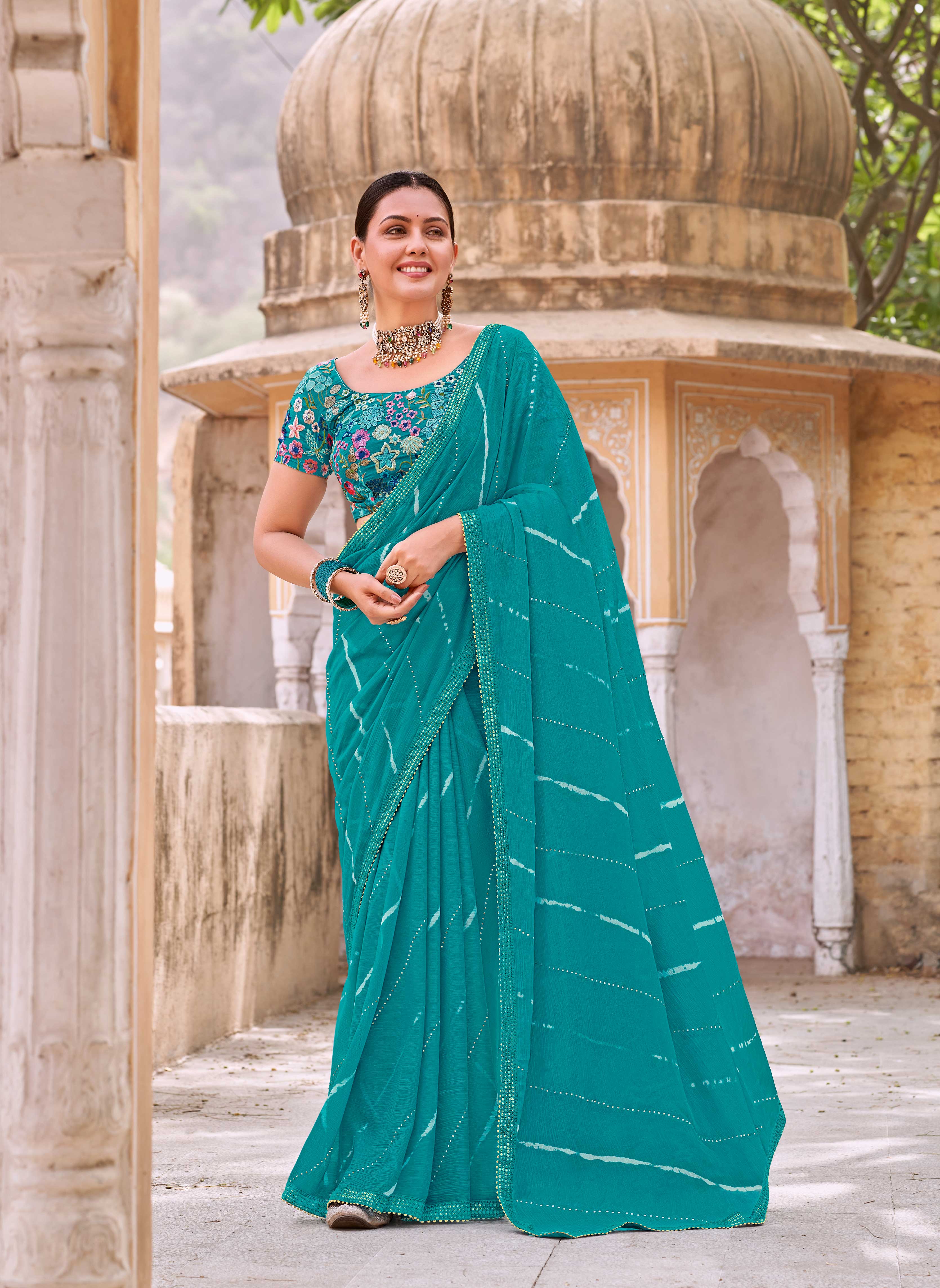 Laxmipati Leheriya Printed Chiffon Saree in Turquoise Blue Color with Unstitched Blouse