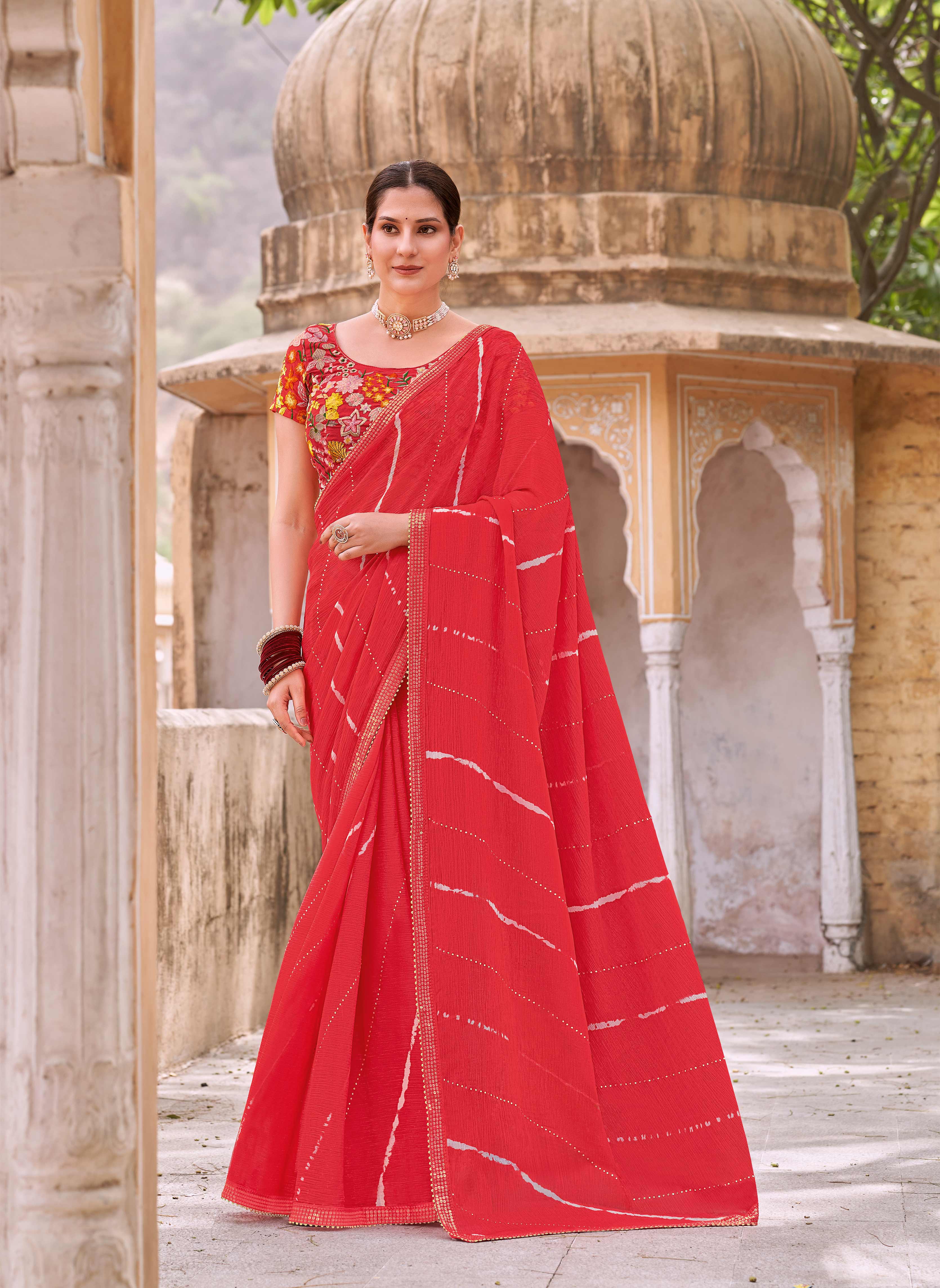 Laxmipati Leheriya Printed Chiffon Saree in Bright Red Color with Unstitched Blouse