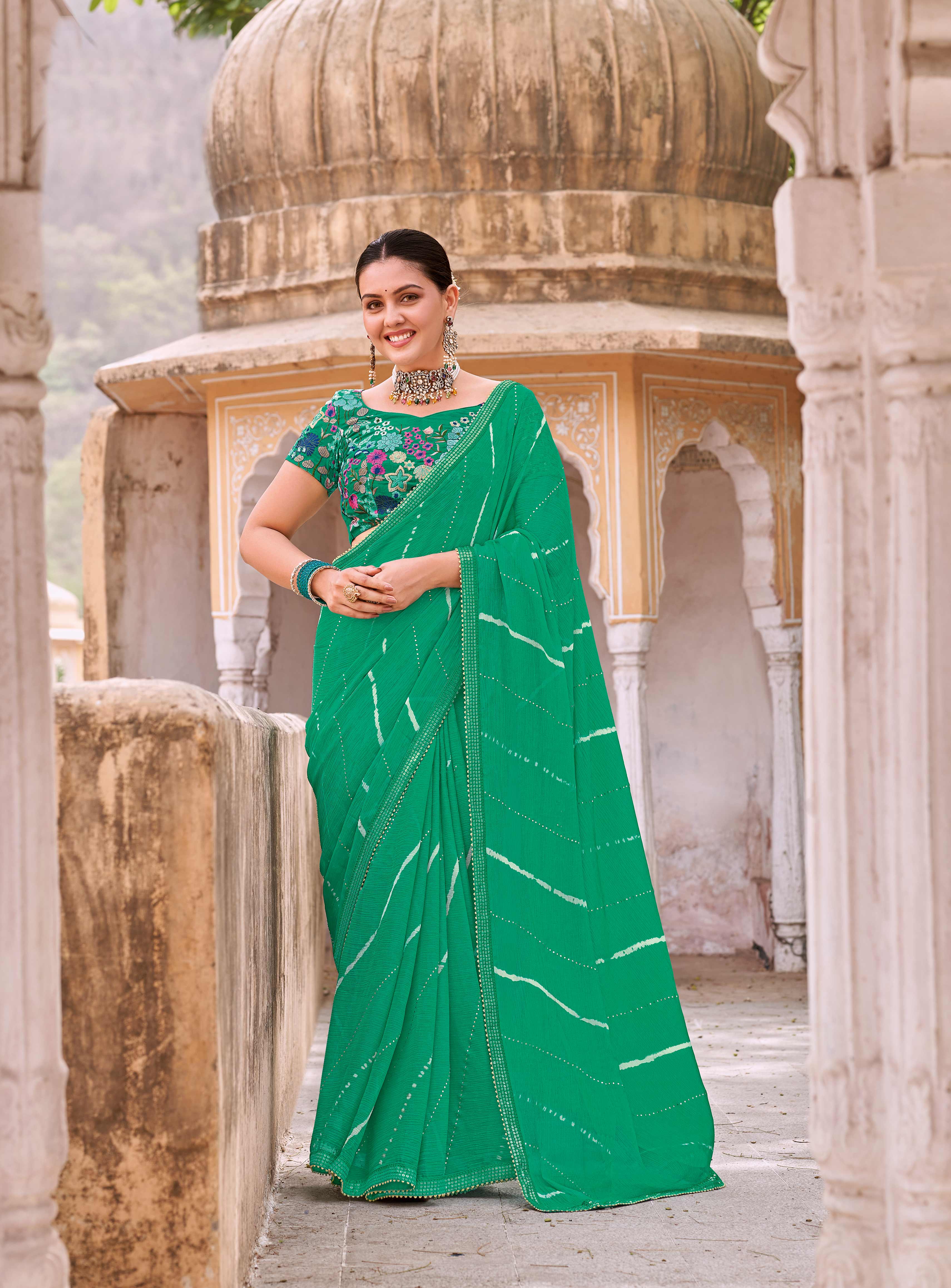 Laxmipati Leheriya Printed Chiffon Saree in Green Color with Unstitched Blouse