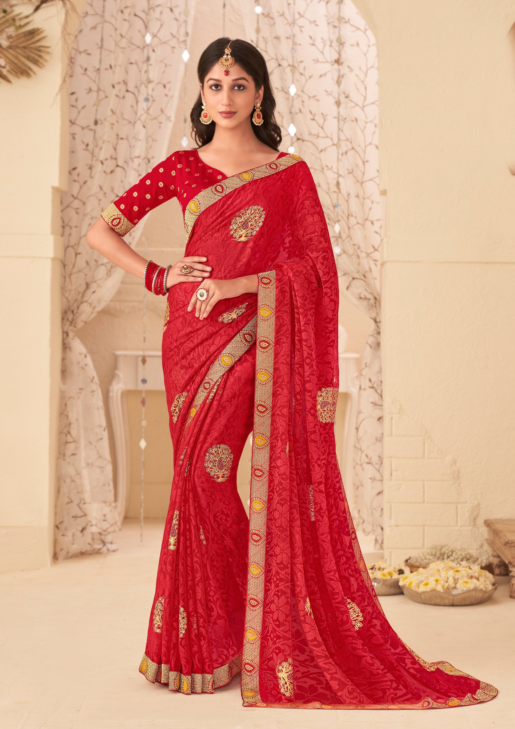 Laxmipati Ghevar K-205 Brasso Red Saree