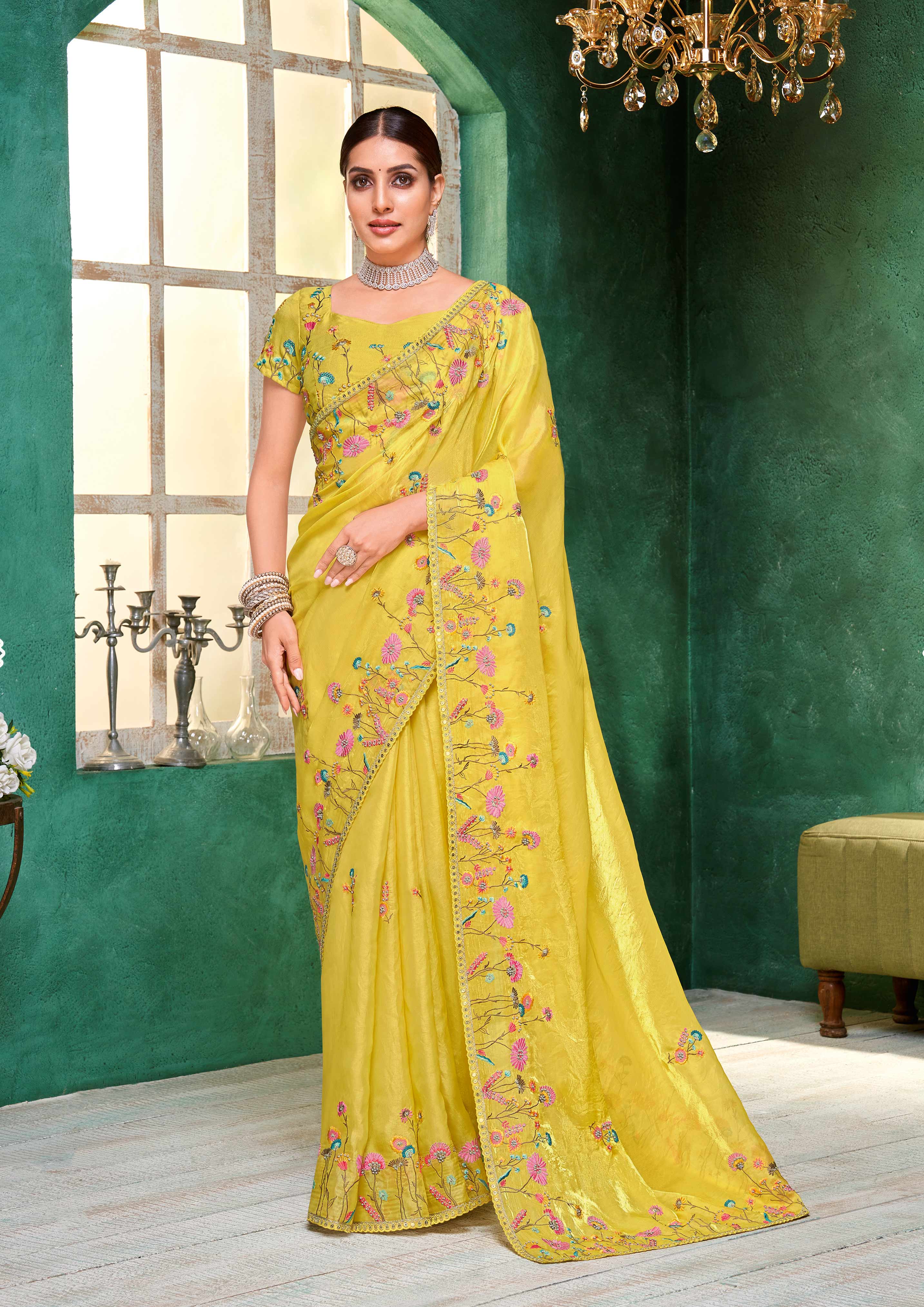 Laxmipati Mangla Gauri Yellow Tissue Organza Saree with Floral Embroidery