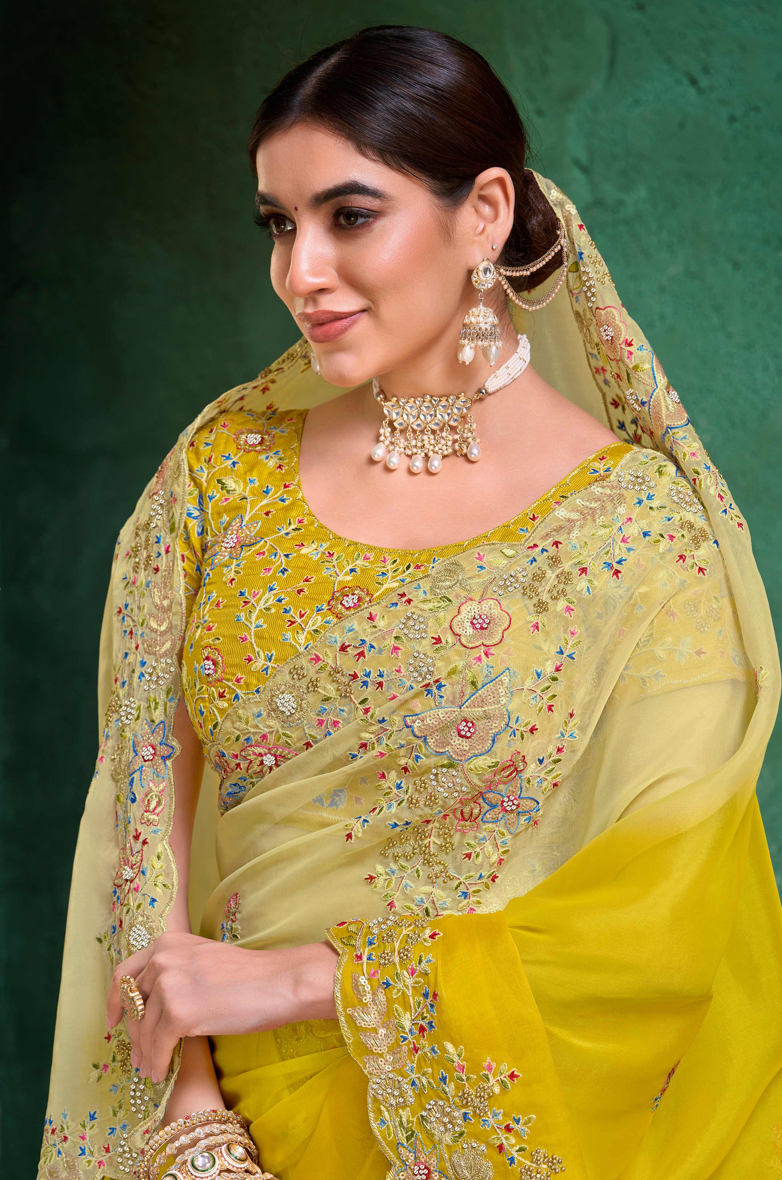 Laxmipati Mangla Gauri Mustard Tissue Organza Saree with Floral Embroidery