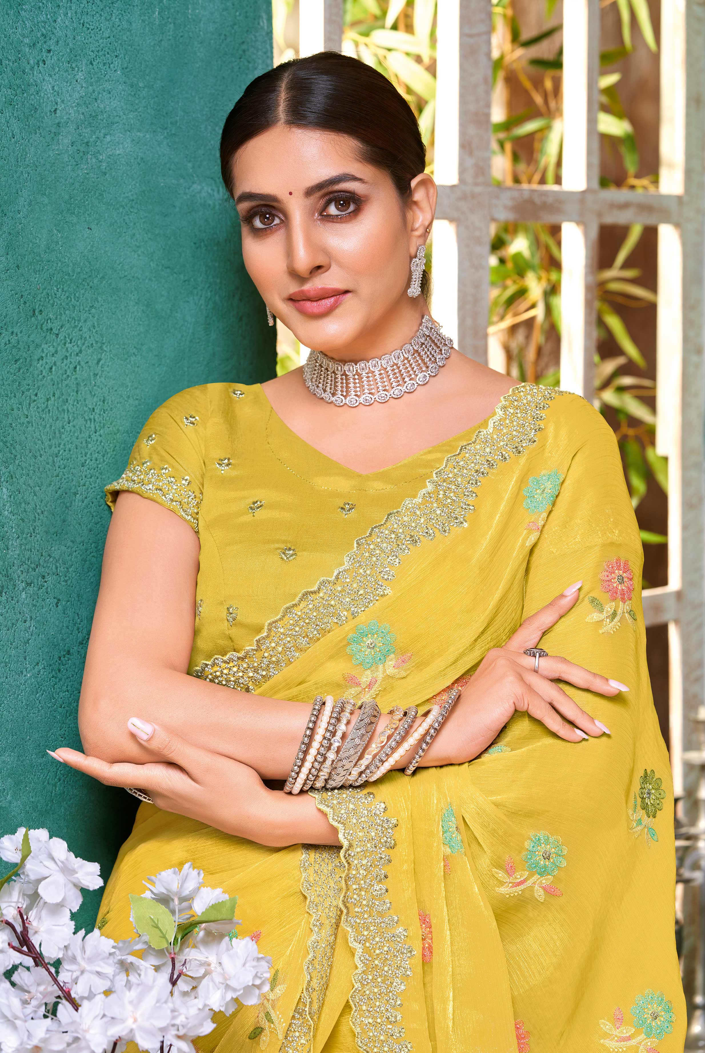 Laxmipati Mangla Gauri Yellow Tissue Organza Saree with Floral Embroidery