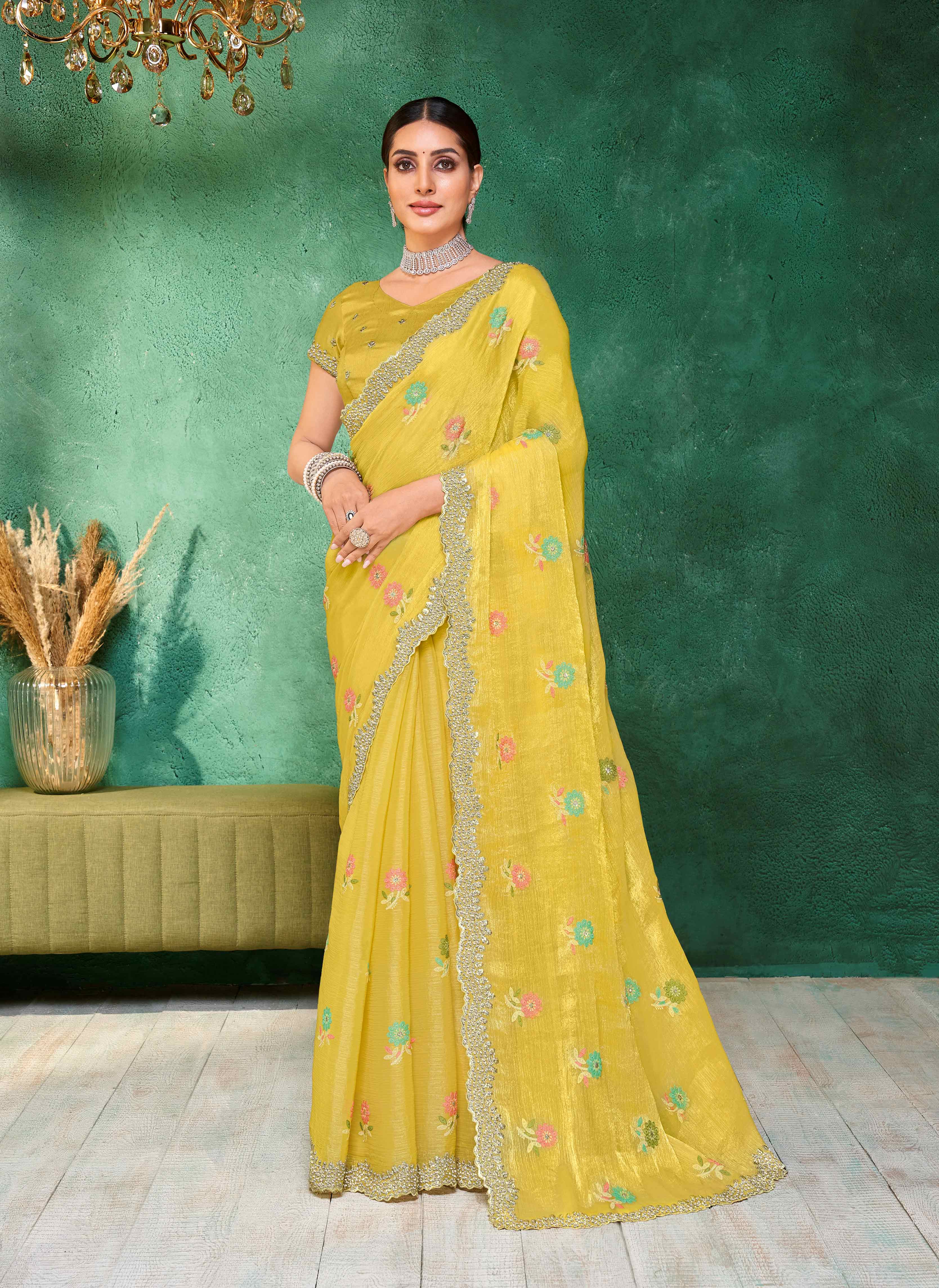 Laxmipati Mangla Gauri Yellow Tissue Organza Saree with Floral Embroidery