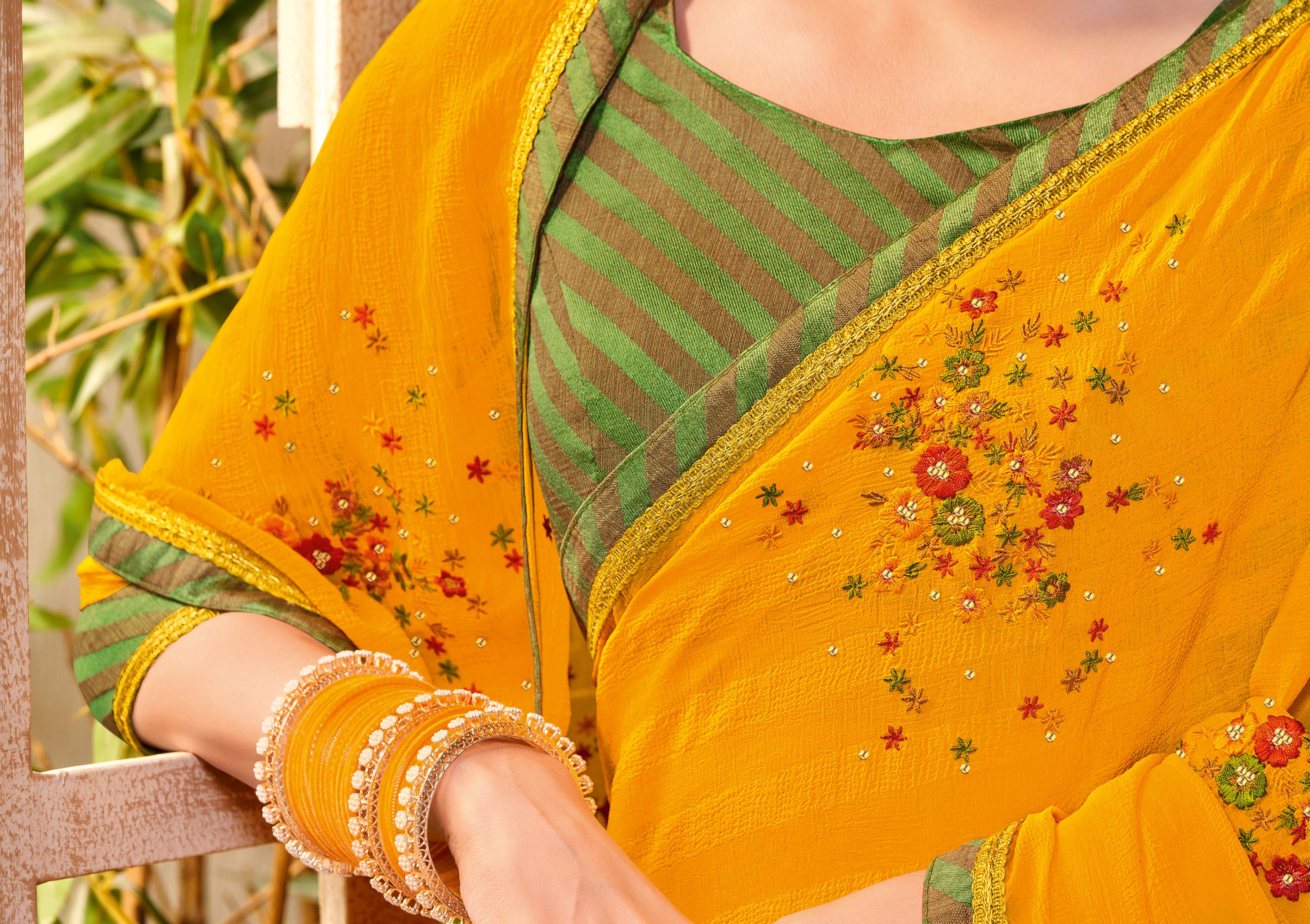 Laxmipati Mangla Gauri Mustard Georgette Saree with Floral Embroidery